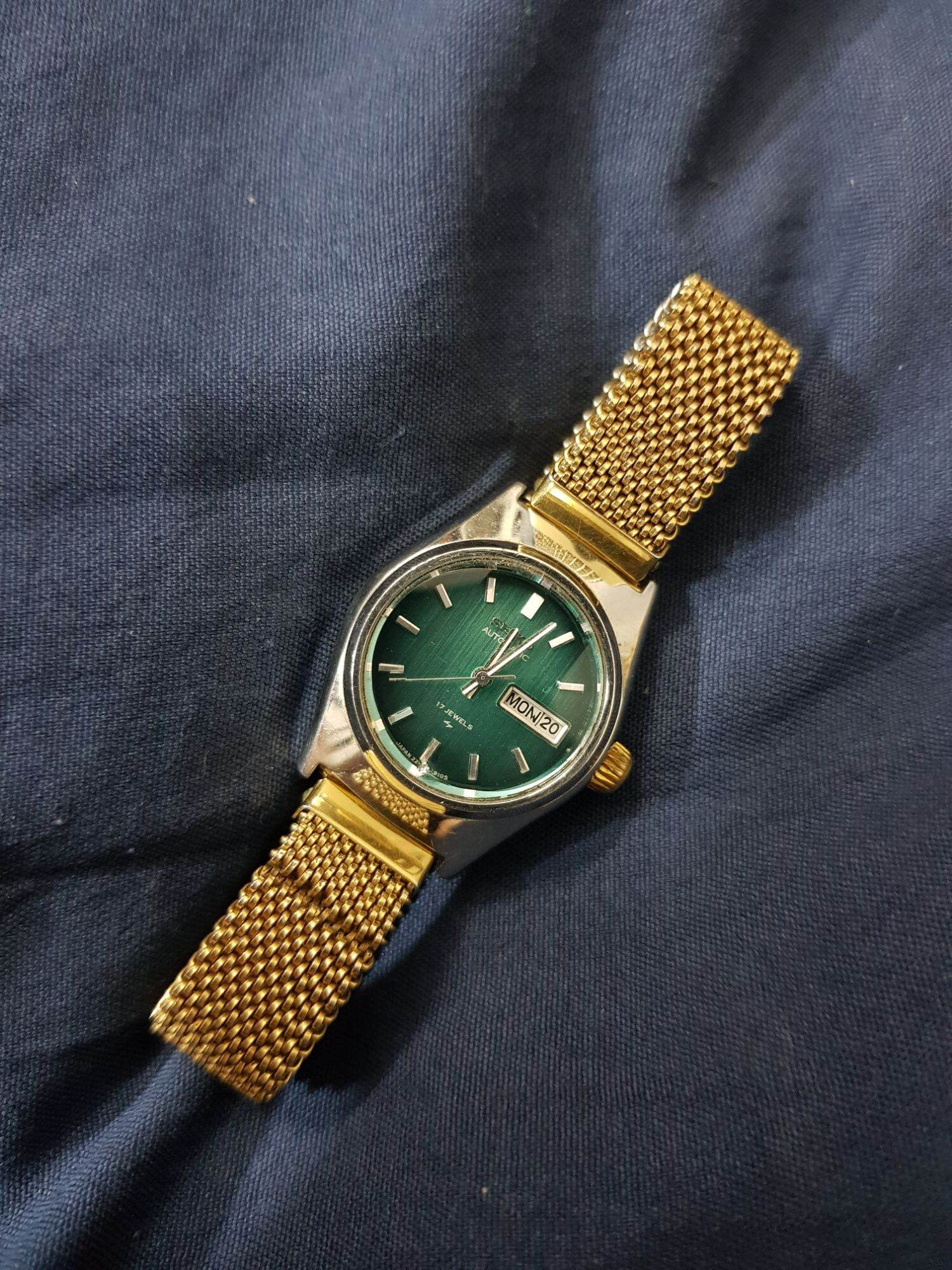 đồng hồ seiko automatic, nữ. 17j mặt xamh oban.