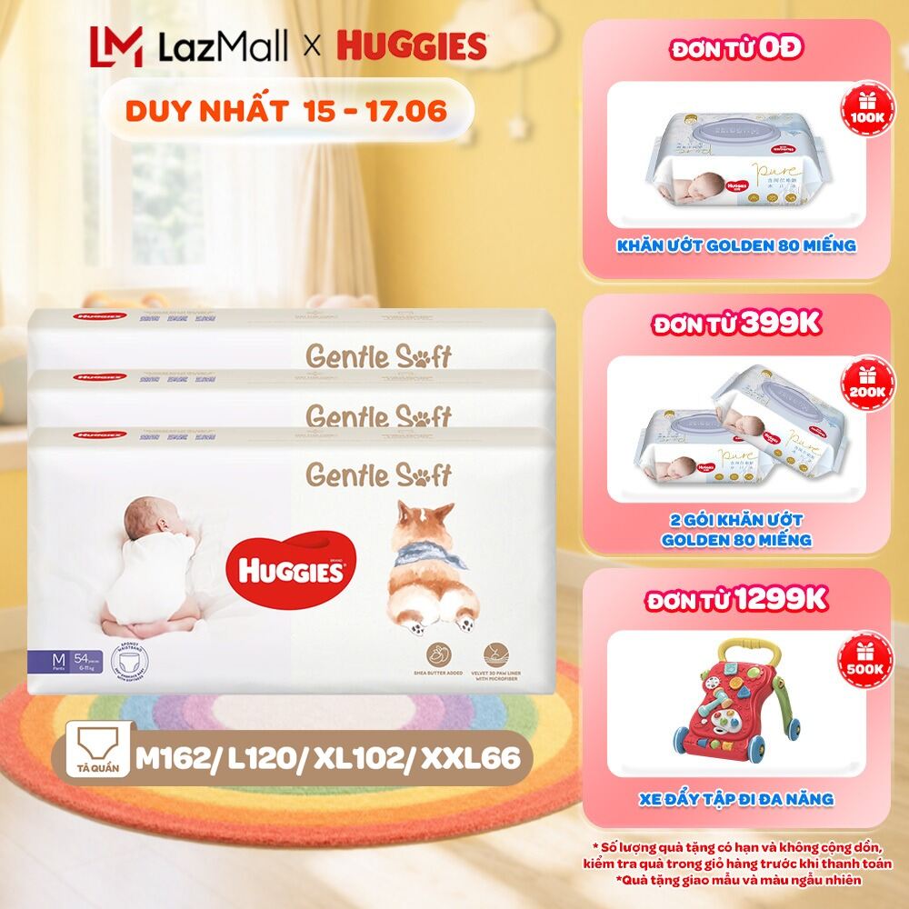 Combo 3 Tã quần Huggies Gentle Soft - Corgi M54/L40/XL34/XXL22 miếng êm mềm nâng niu làn da bé