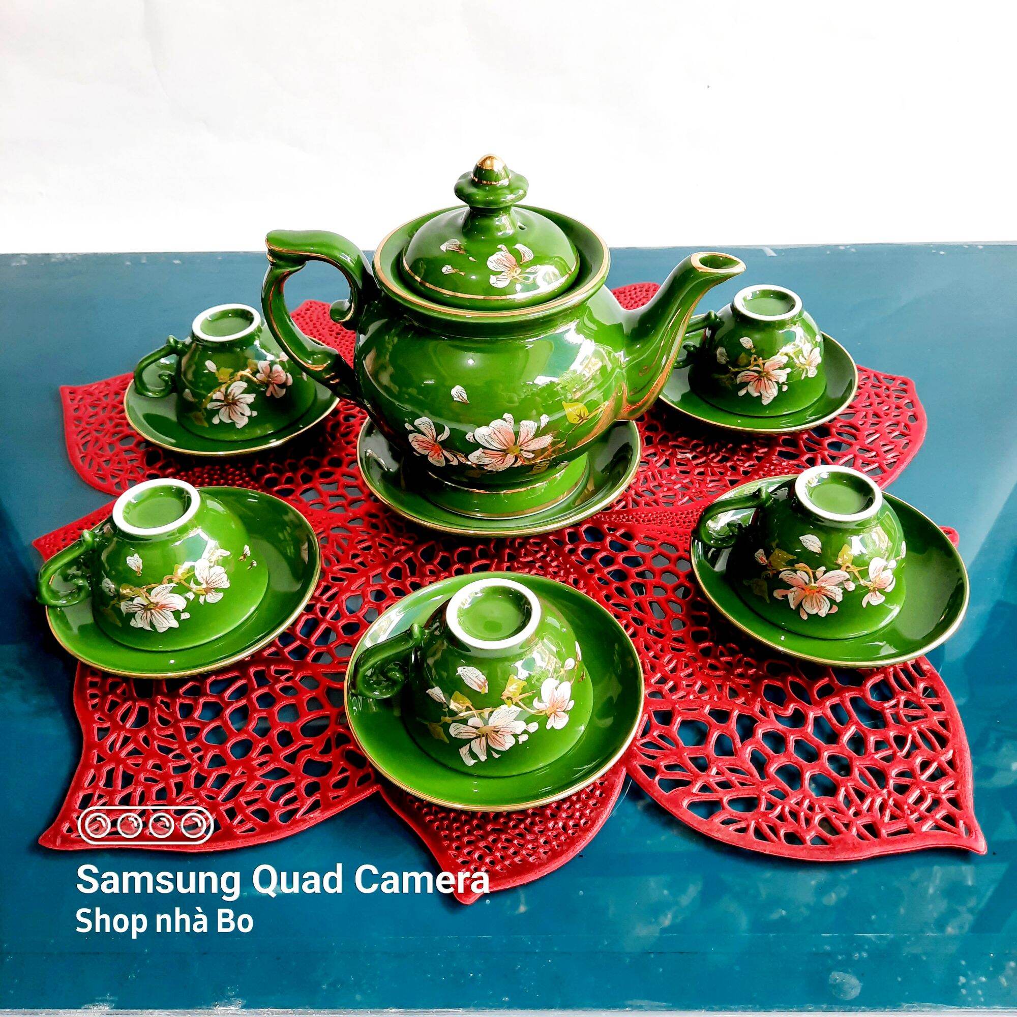 Bộ ấm chén Bát Tràng dáng phú màu xanh ngọc lục bảo họa tiết hoa Ban vẽ vàng 24k