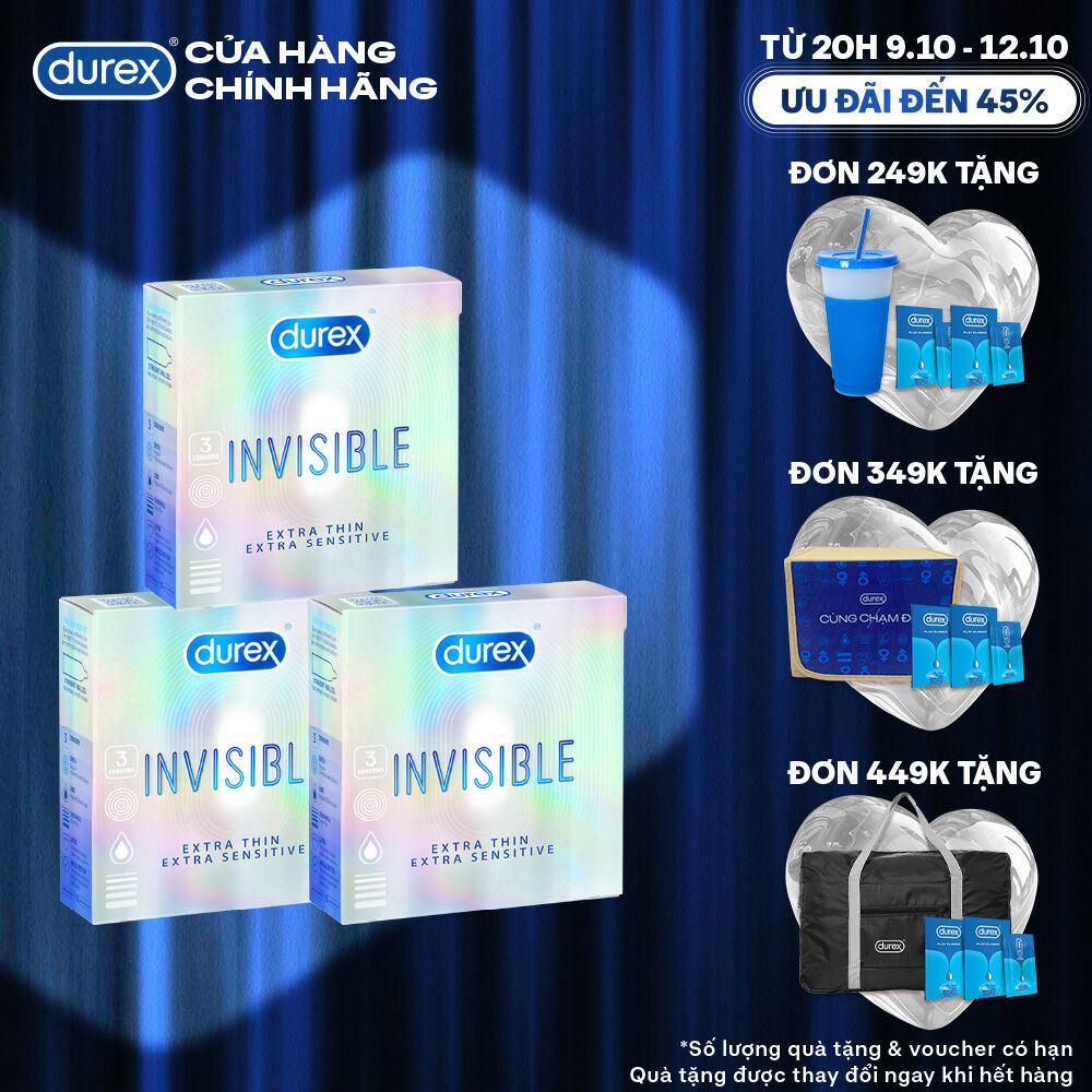 [TỪ 20H | 9-12.10 VOUCHER GIẢM THÊM 5%] Bộ 3 hộp bao cao su Durex Invisible  Extra Thin Extra Sensitive siêu mỏng, size 52mm, 3 bao/hộp