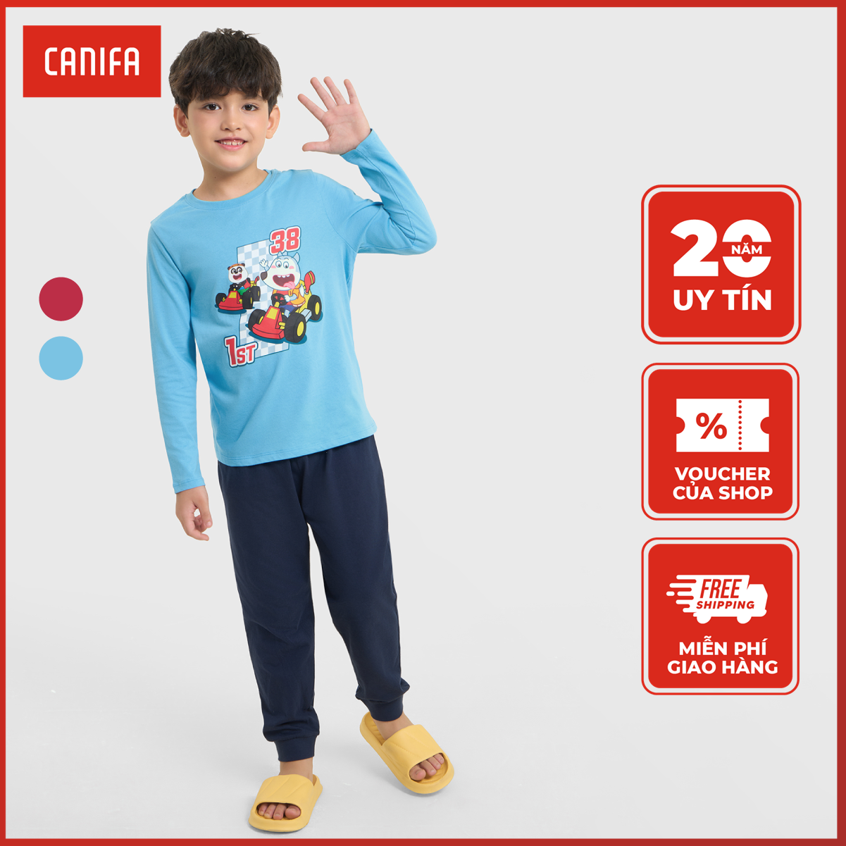 Bộ mặc nhà bé trai CANIFA cotton in hình Wolfoo 2LS25W013