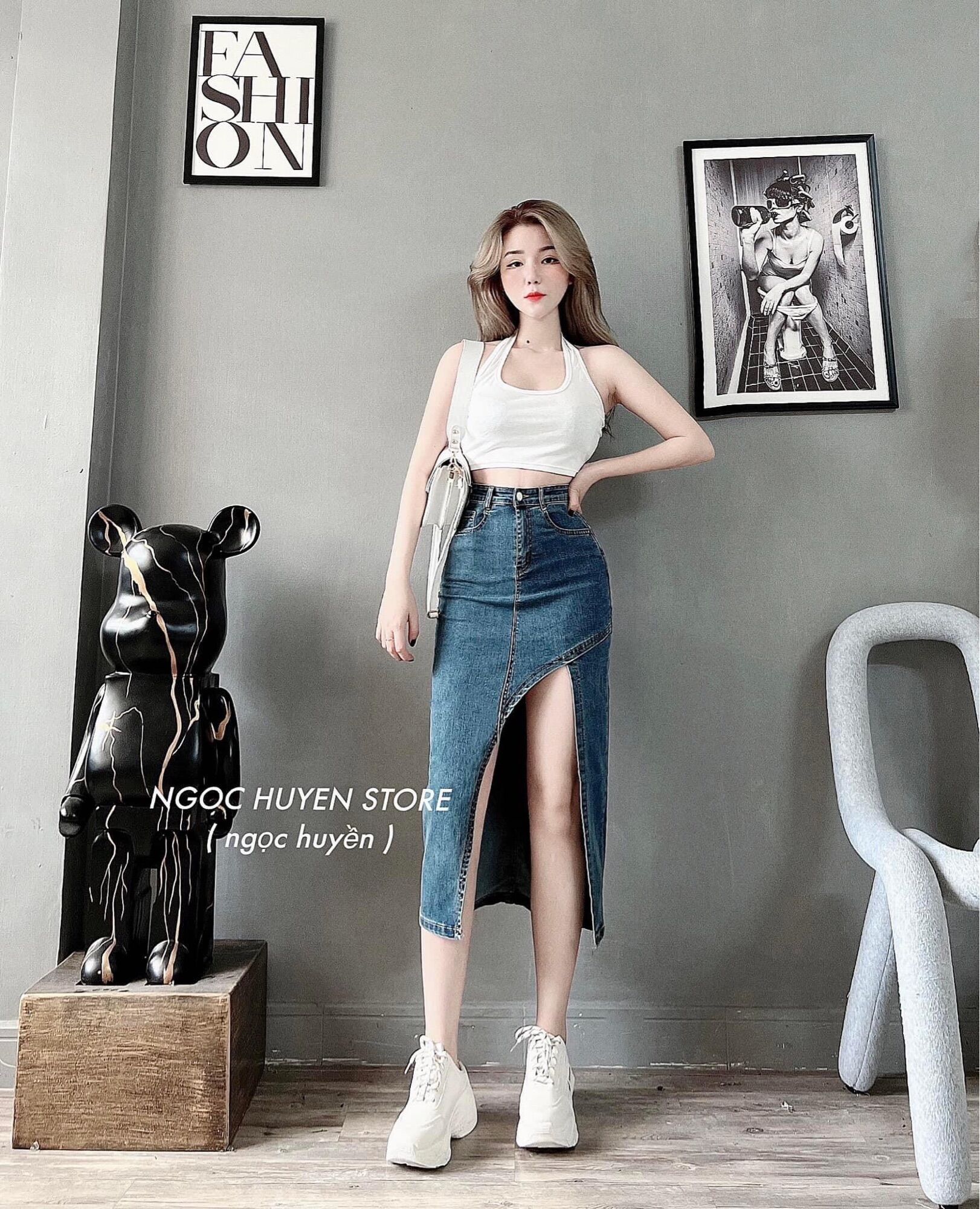 Ảnh thật (Chân váy jean áng dài co giãn xẻ gối)