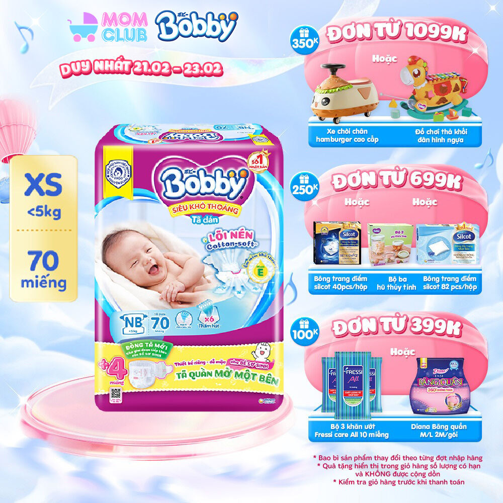 Tã dán sơ sinh Bobby Lõi nén Cotton-Soft 3mm 70 miếng (Tặng thêm 4 miếng Tã Quần Mở Một Bên)