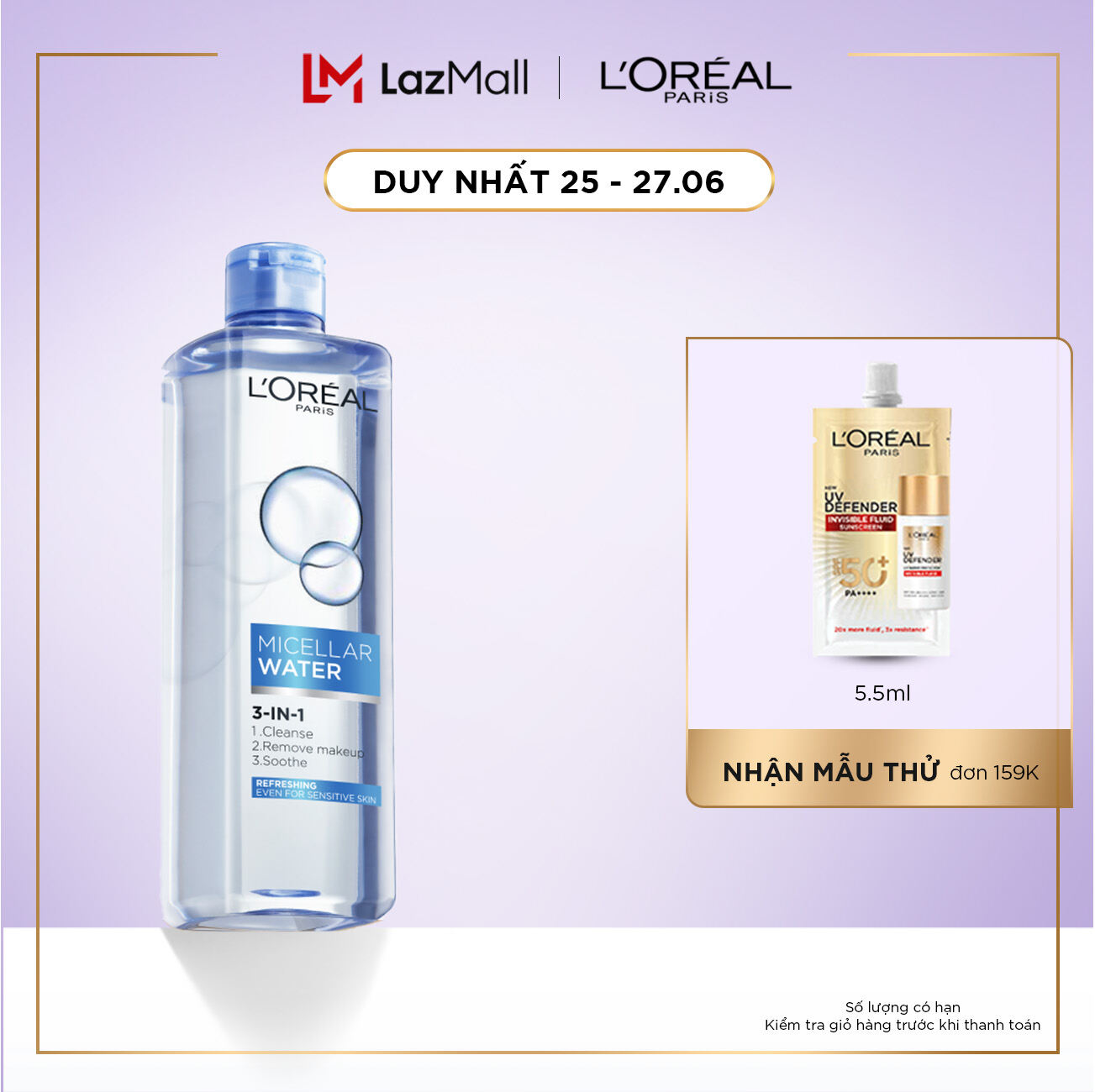 Nước tẩy trang tươi mát L'Oreal Paris Micellar Water 400ml (xanh dương nhạt)