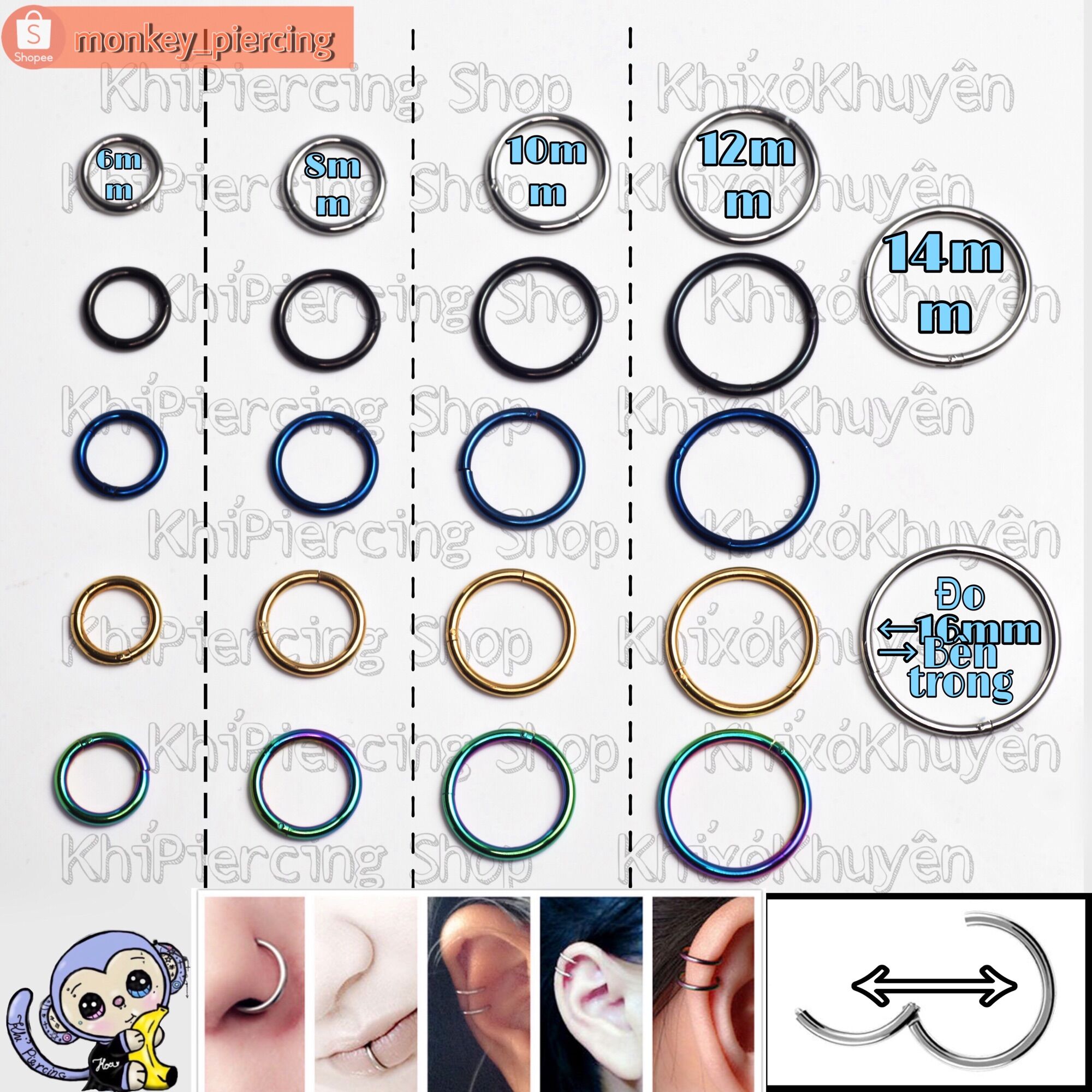 Khuyên vòng tròn mở bật khấc . Đeo được nhiều vị trí khuyên tai - môi - mũi