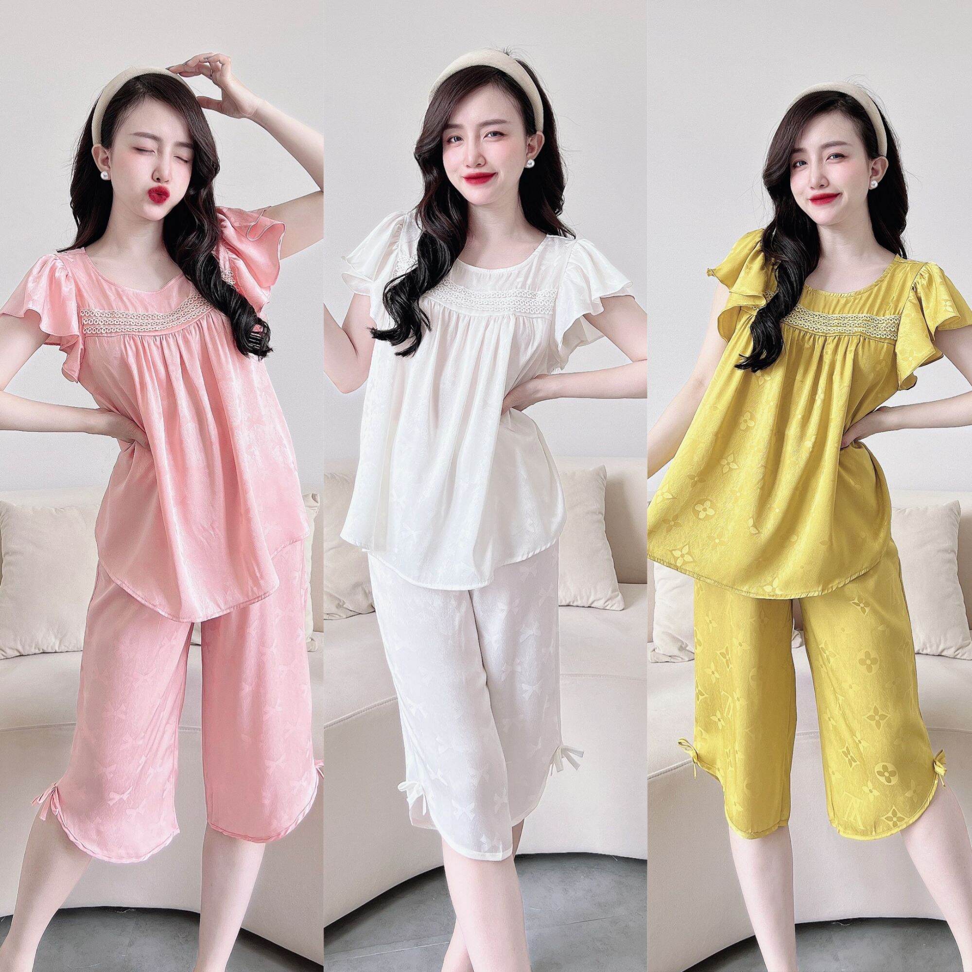 Đồ ngủ pyjama tay ngắn quần lửng bigsize 65kg lụa gấm quảng châu cao cấp_nàng kiều pyjama