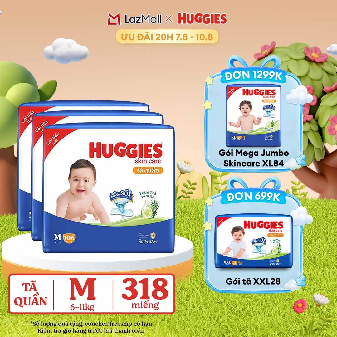 [20h 7-10.8 GIẢM THÊM 90K] Combo 3 Gói Tã/bỉm quần HUGGIES SKINCARE MEGA JUMBO size M106 miếng/ M102+4 miếng