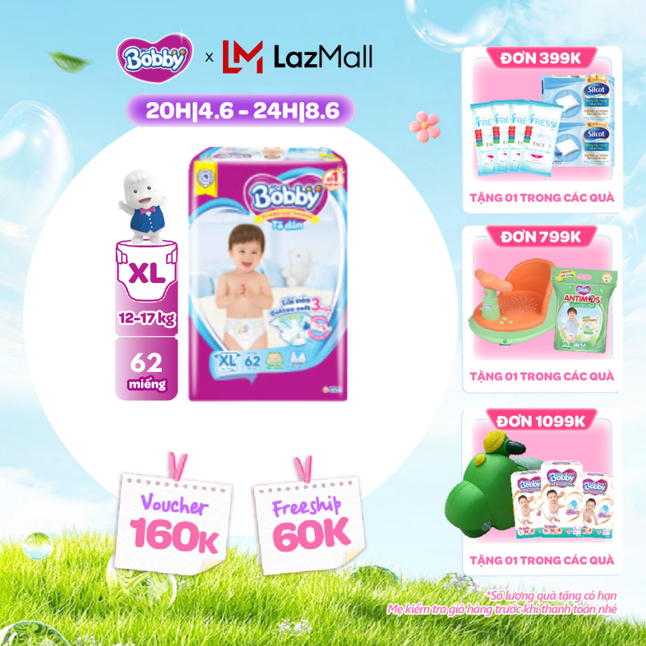 [QUÀ TẶNG HẤP DẪN TỪ 9-10.6]Tã/Bỉm dán Bobby 3mm Ultra Jumbo Siêu khô thoáng XL62