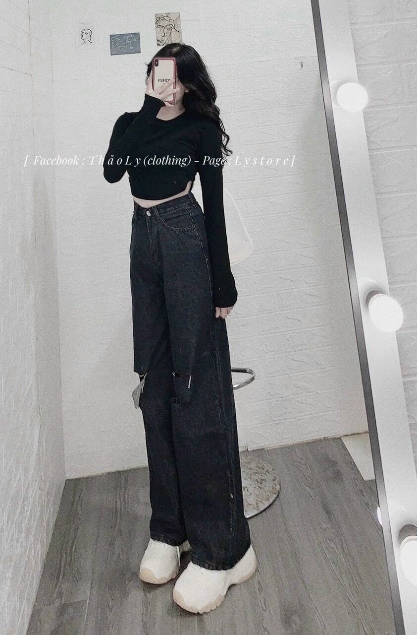 BAGGY JEANS ỐNG SUỐNG ĐEN RÁCH 3