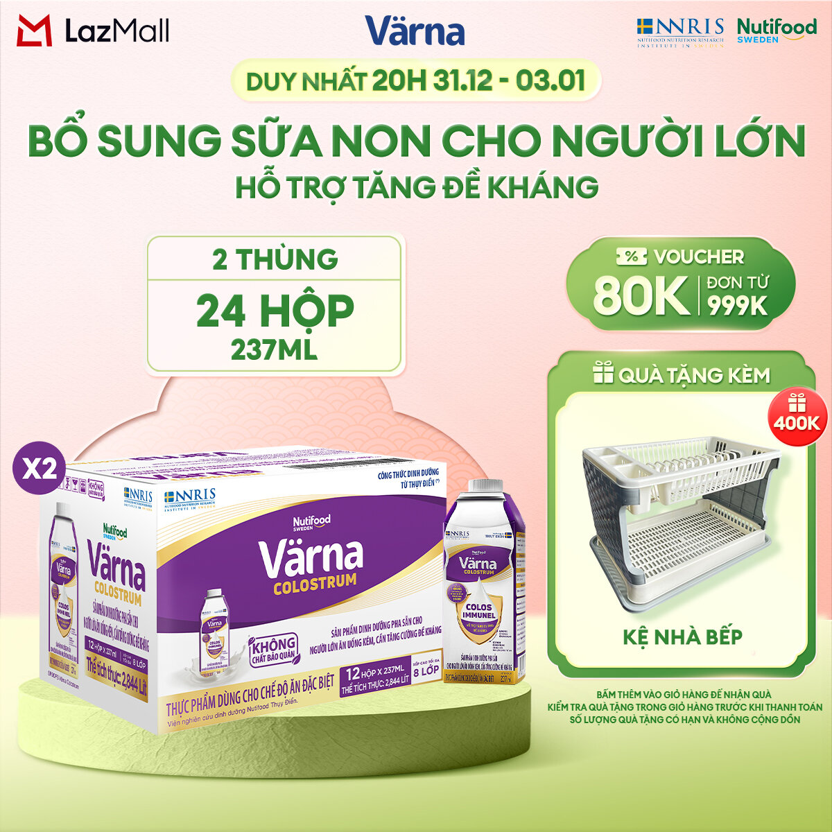  Combo 2 Thùng 12 hộp sữa bột pha sẵn Varna Colostrum  24 hộp giấy x 237ml  - Sữa non cho người lớn Tăng đề kháng nhanh 