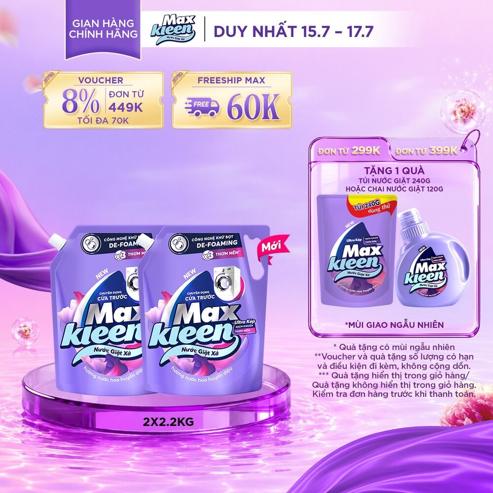 Combo 2 Nước giặt xả cho máy giặt cửa trước MaxKleen hương Huyền Diệu 2.2kg