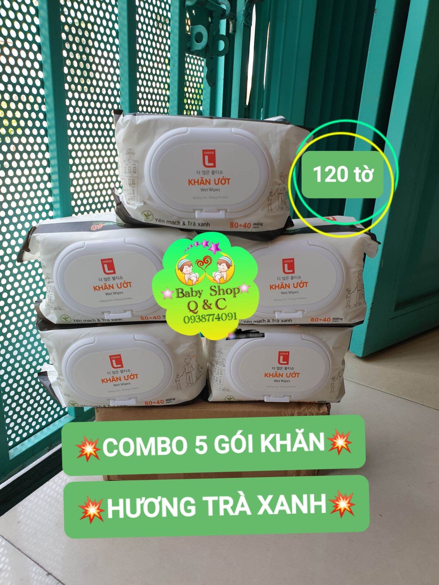 Combo 5 gói khăn ướt gia đình loice l lotte 120 tờ hương trà xanh