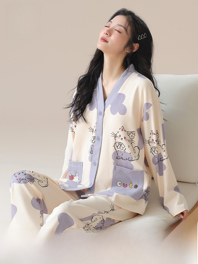 MiiOW | Pure Cotton Sleepwear Set With Chest Pad Women's Casual Loose Home Clothes Spring Autumn Style Comfortable Anti-vacuum Design Giá 697,000 Đồng*Miễn phí vận chuyển