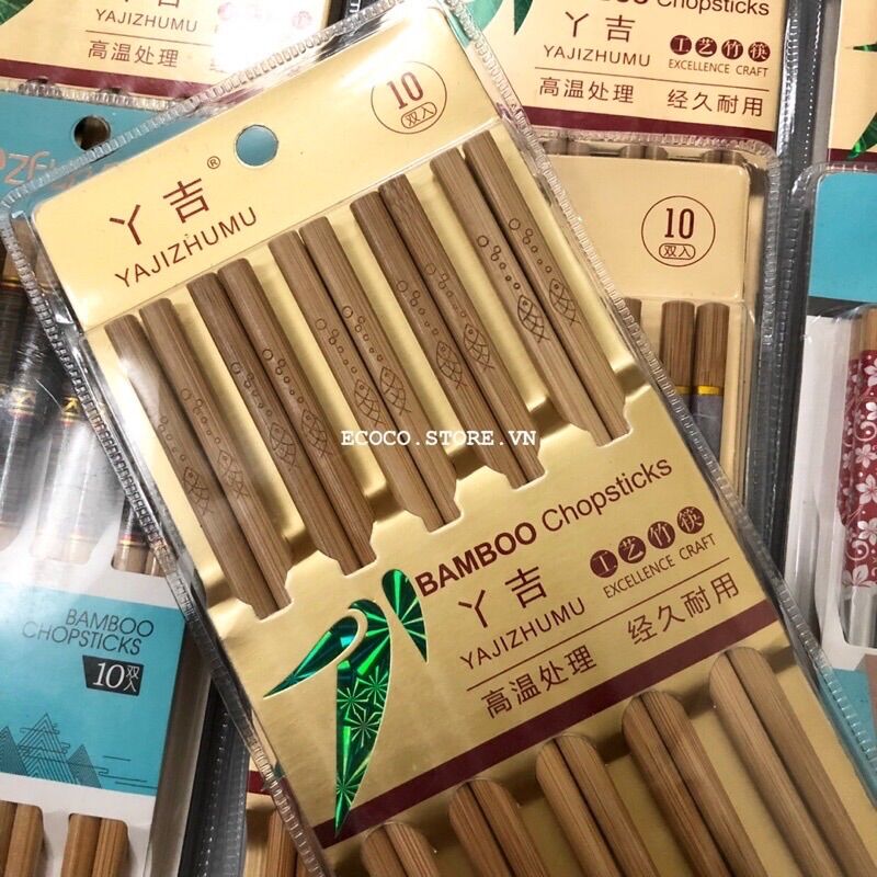 Vỉ 10 đôi đũa tre kháng khuẩn nhiều hoạ tiết