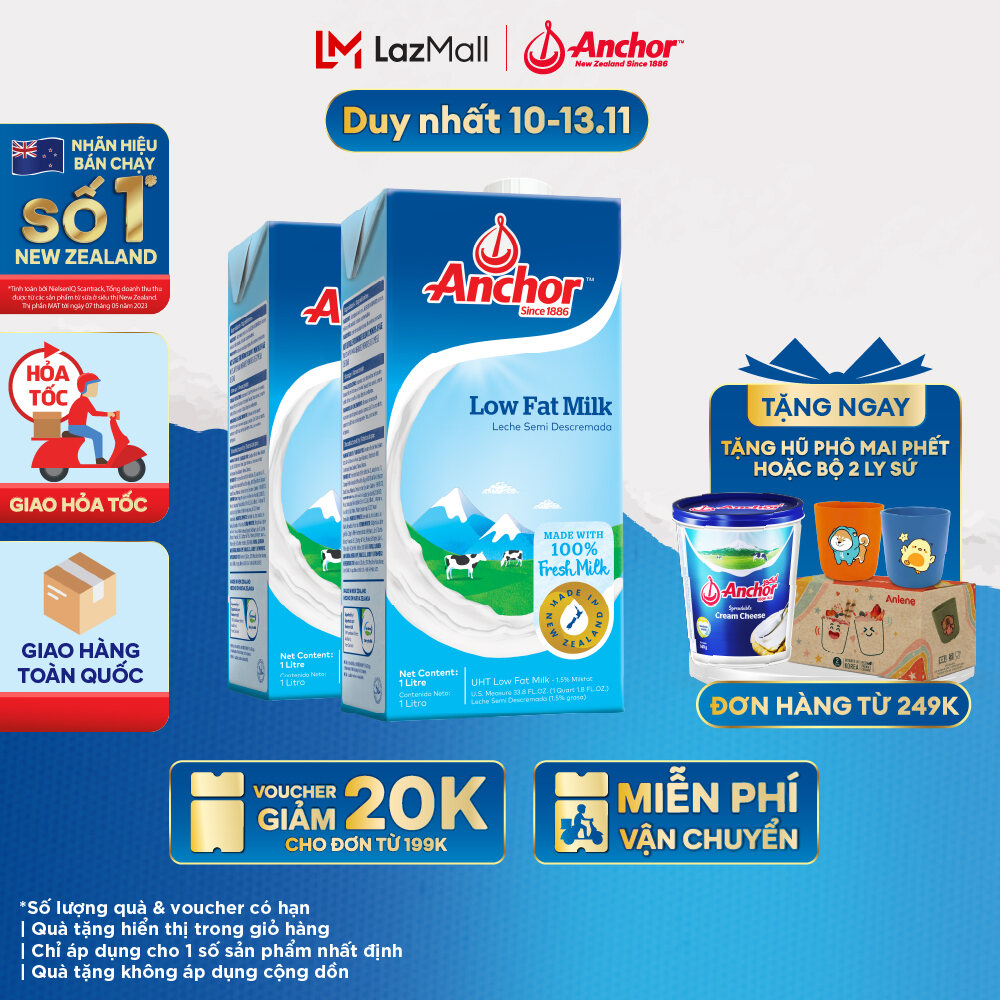 [GIAO HÀNG HỎA TỐC - HCM] Combo 2 Sữa Tươi Tiệt Trùng Anchor Ít Béo Hộp 1 Lít