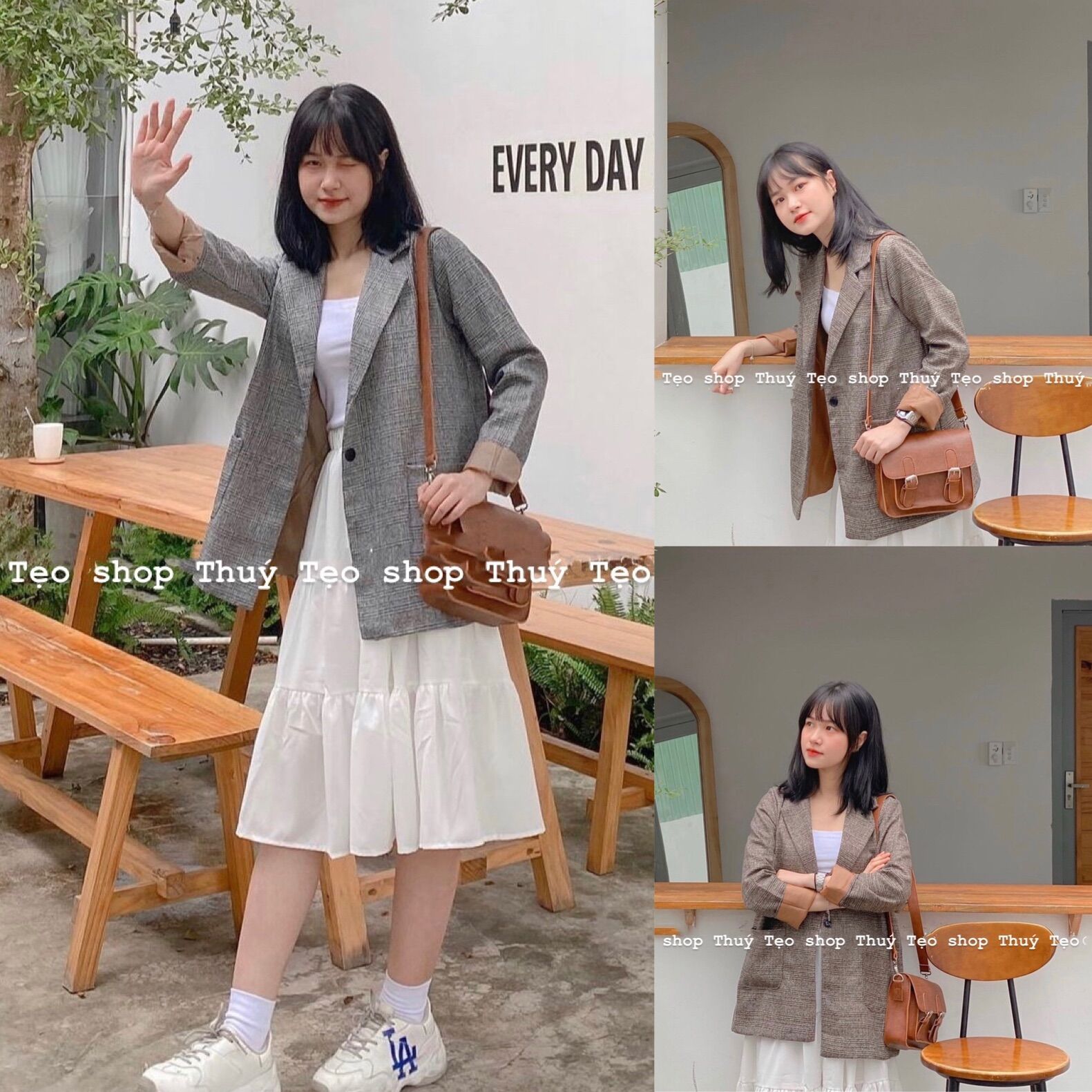 Áo blazer dạ kẻ nữ dài tay hai lớp