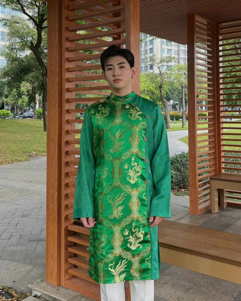 Áo dài gấm cách tân nam xanh lá MS001