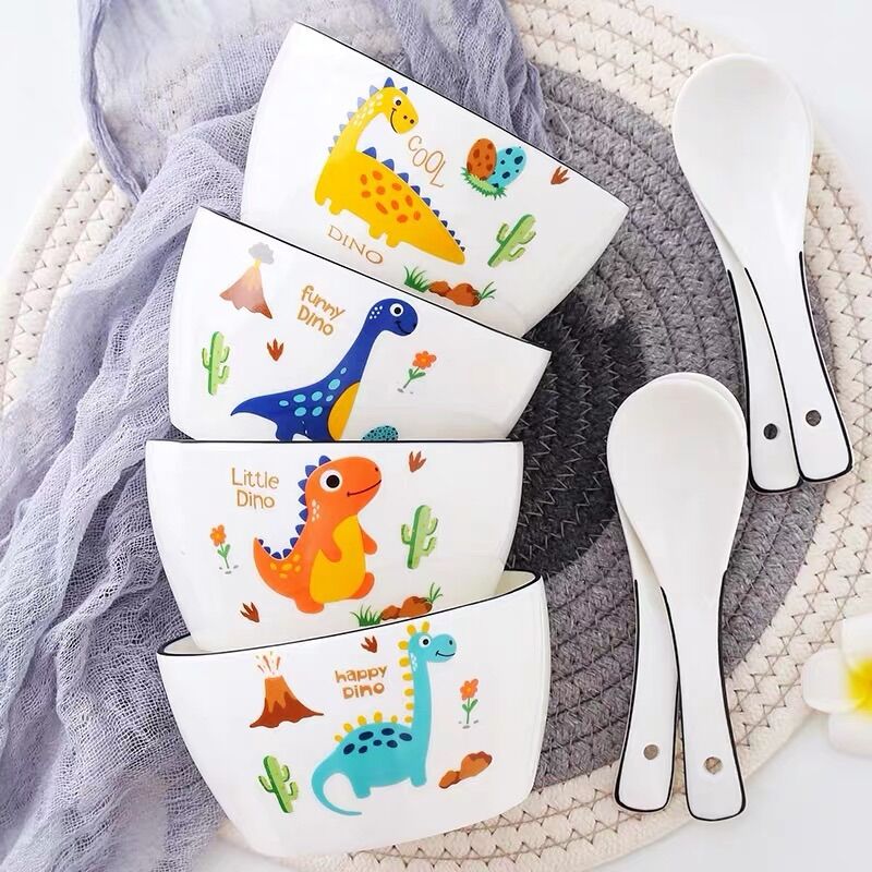 Set 4 bát cơm vuông kèm thìa sứ