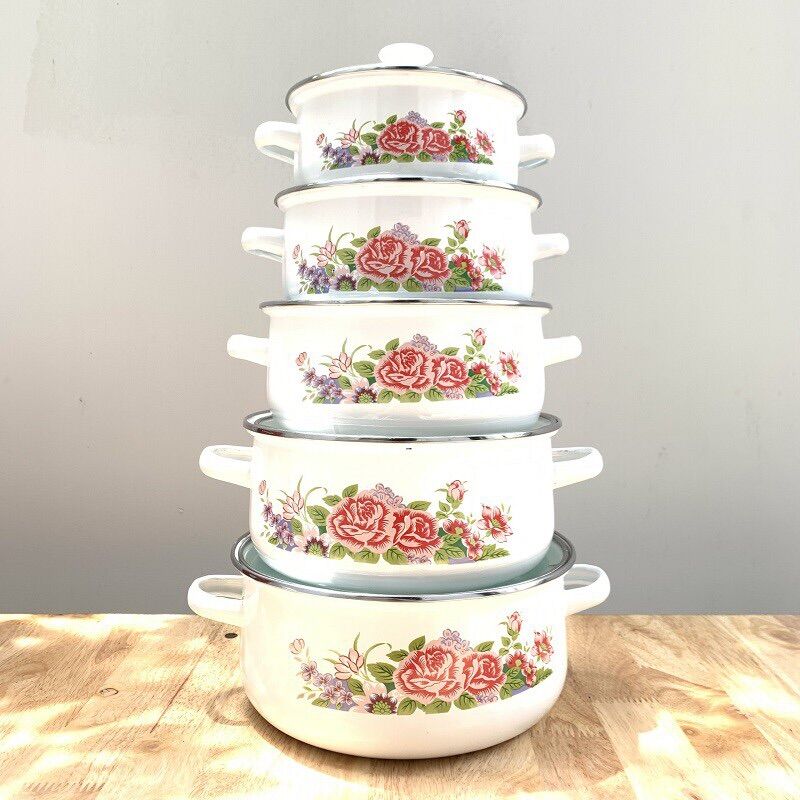 Bộ 5 nồi Tráng Men Ceramic Cao Cấp Bella Nắp Thủy Tinh Sử Dụng Tất Cả Các Loại Bếp Kể Cả Bếp Từ