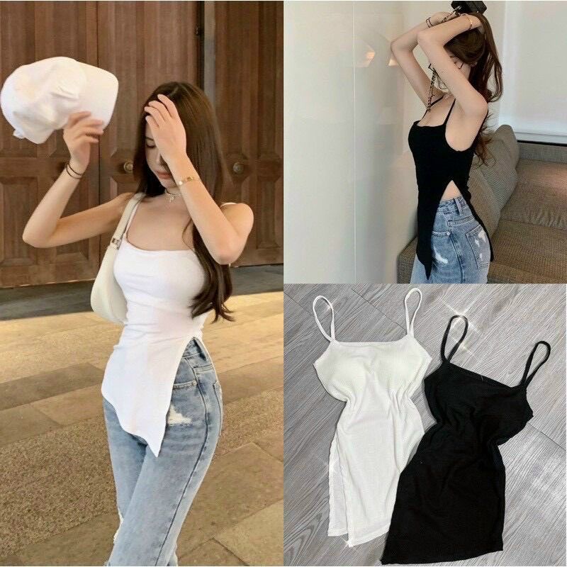 Áo kiểu phối tà xéo dây bún xẻ tà