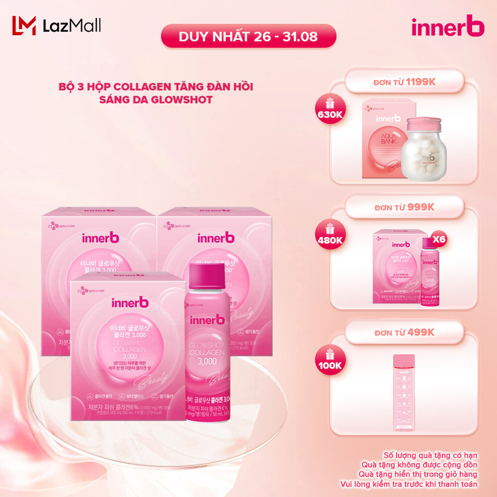 Bộ 3 hộp nước uống Collagen Vitamin C sáng da InnerB Glowshot (50mlx6)
