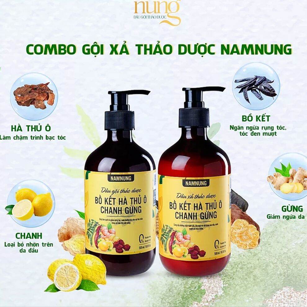 Cặp gội xả thảo dược namnung bồ kết hà thủ ô chanh gừng 500ml x2