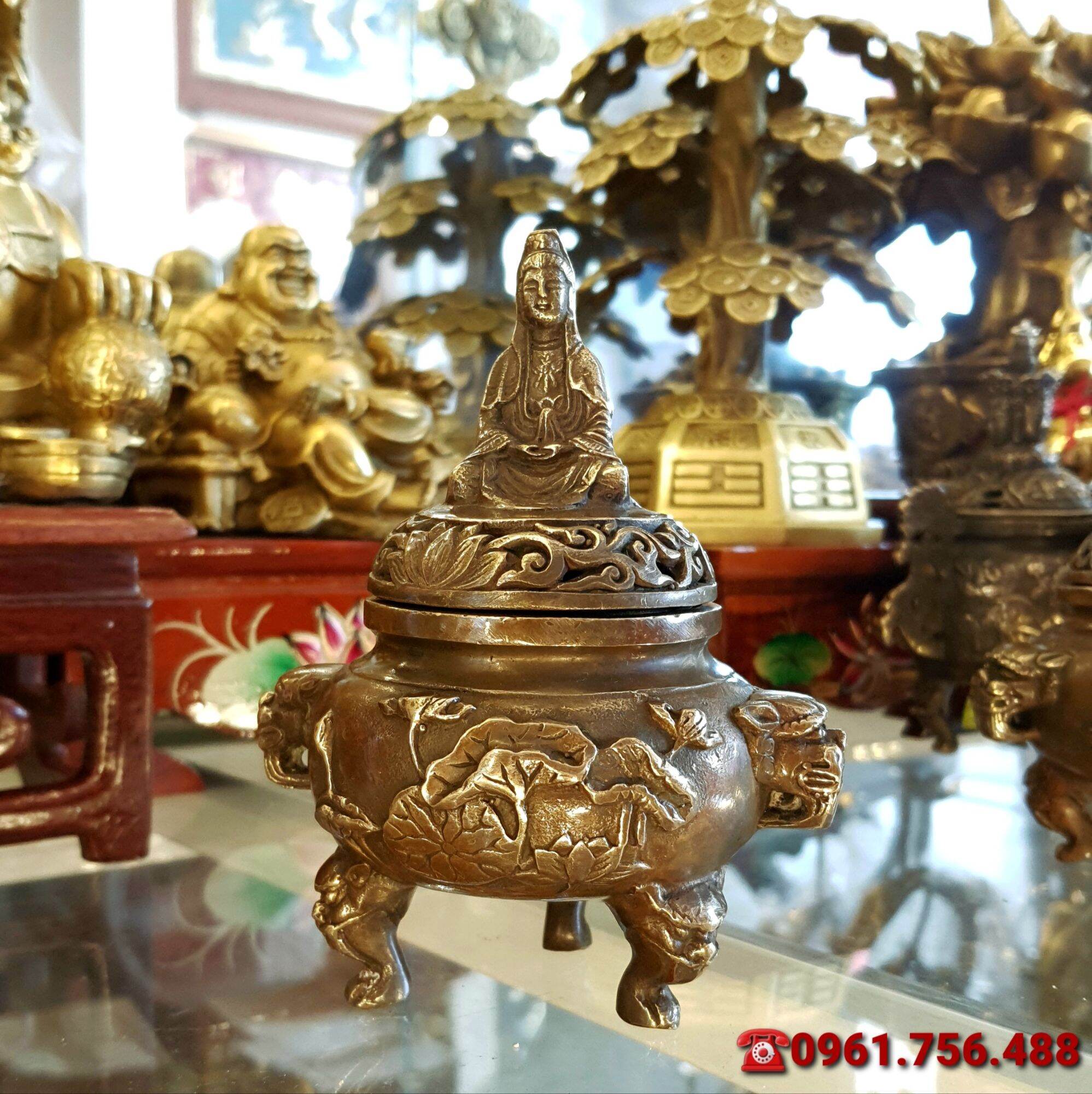 Lư đồng xông trầm nắp Phật Quan Âm 14cm