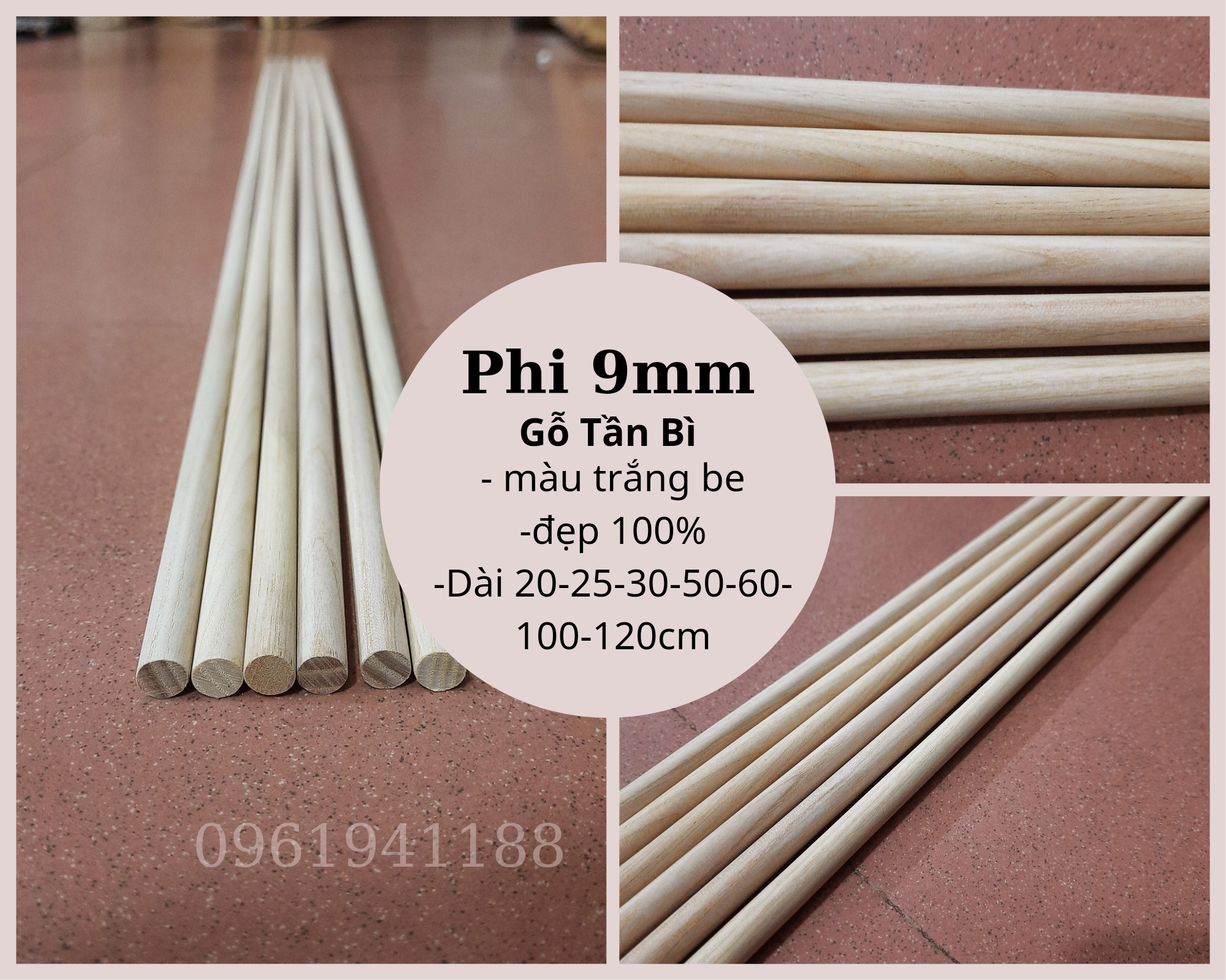Thanh gỗ tròn phi 9mm gỗ tần bì