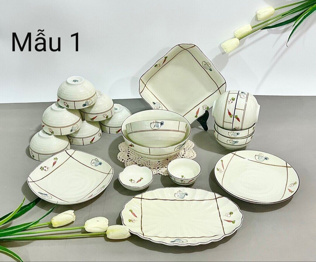 Bộ bát đĩa vẽ củ quả,hàng gốm sứ Bát Tràng.