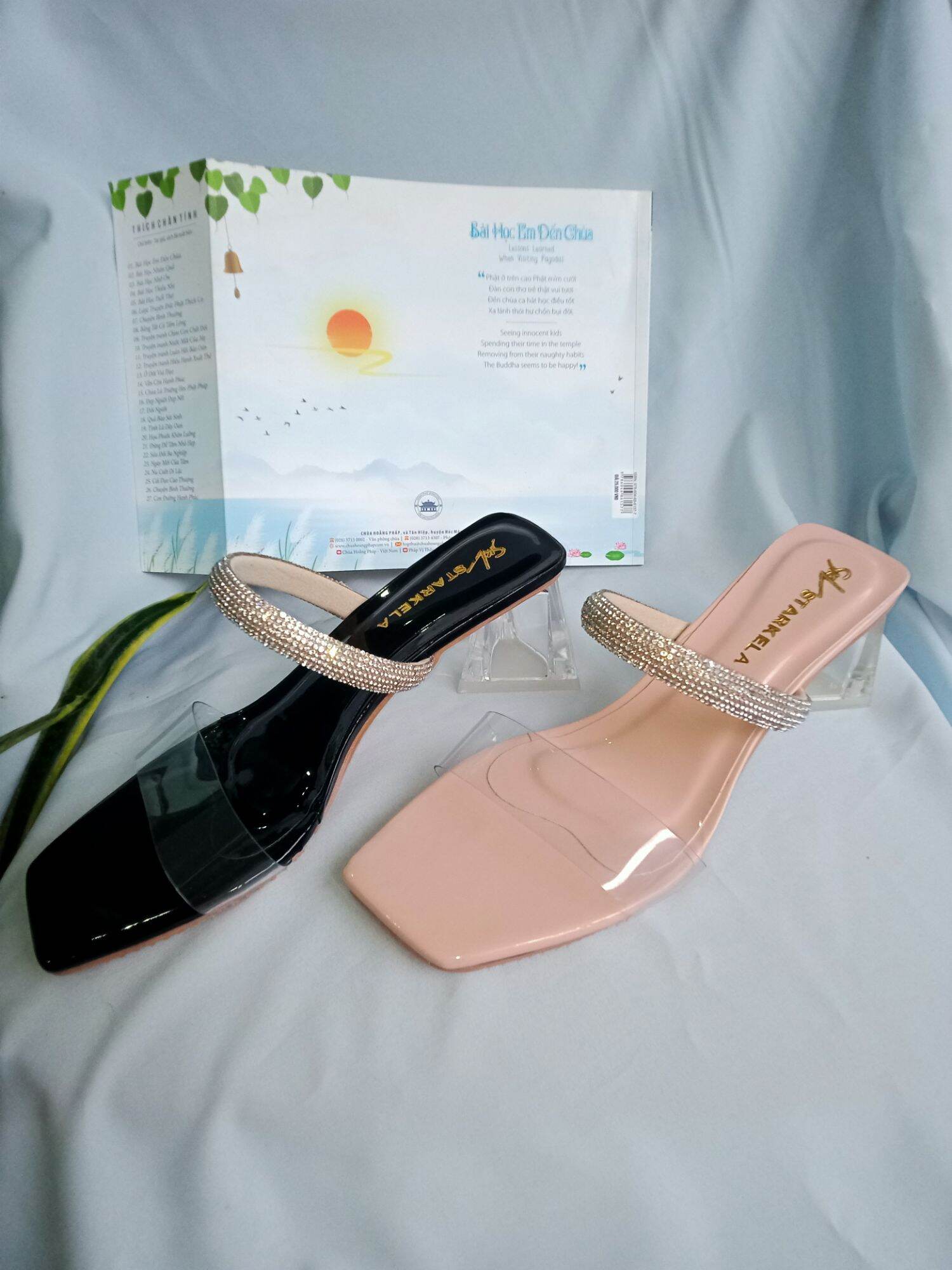 BIG SIZE dép cao gót mũi vuông quai trong _ quai ngang đính đá _ gót tam giác cao 5 - 7 phân (ảnh thật do shop tự chụp)