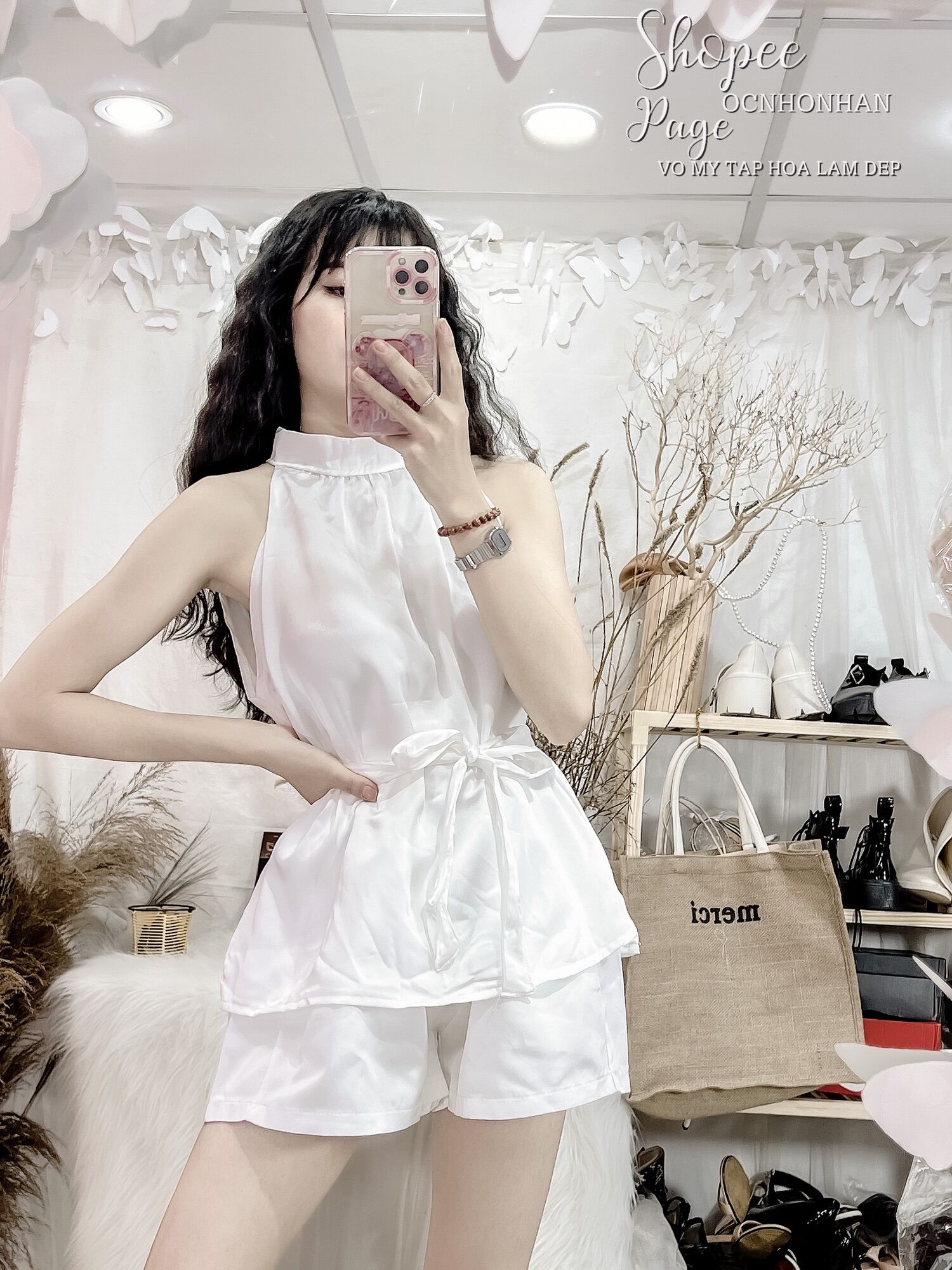 set áo yếm lụa cột nơ rời phối quần short tafta