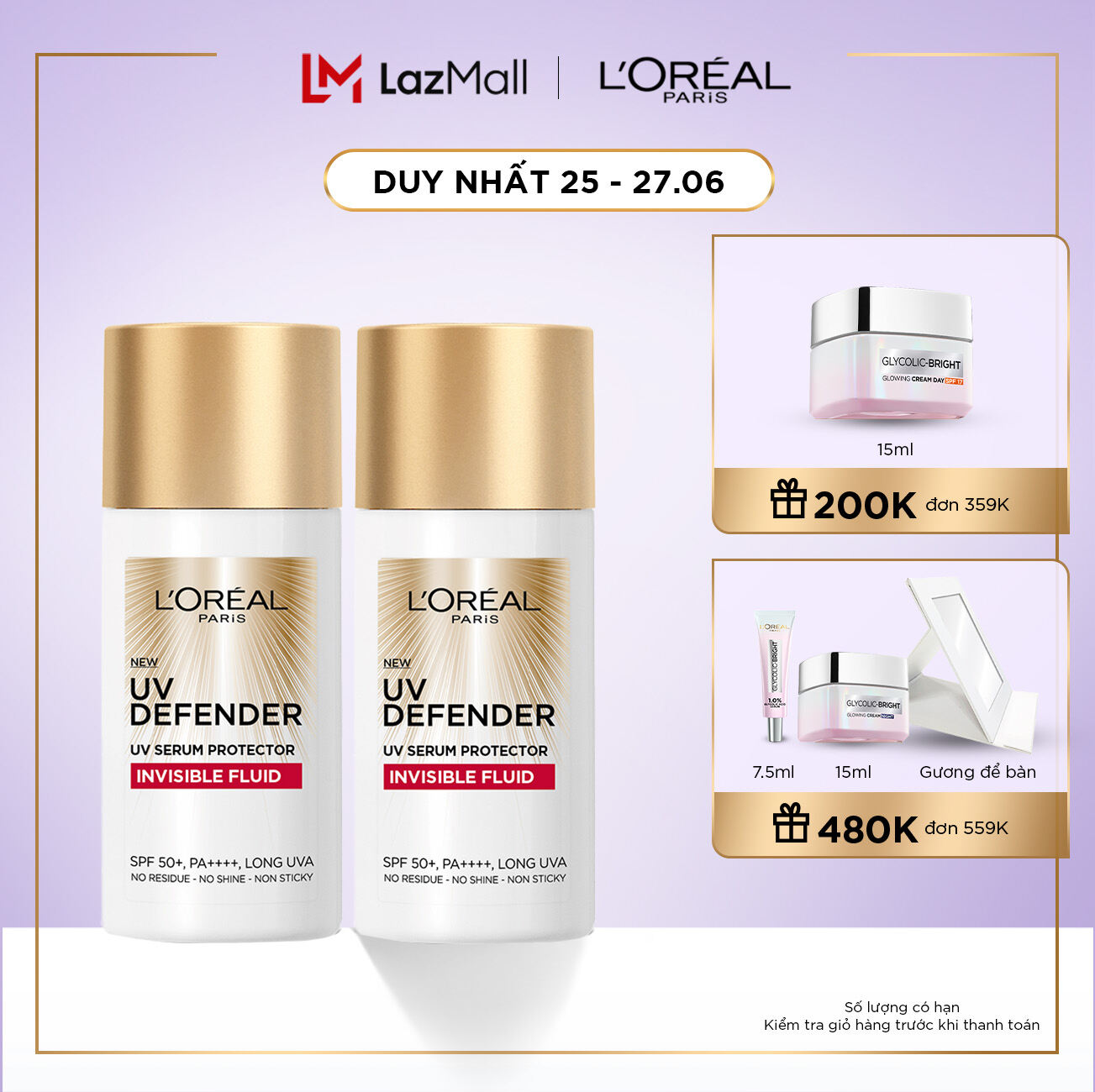 Bộ 2 Kem chống nắng siêu mịn nhẹ bảo vệ da tối ưu L’Oreal Paris UV Defender Serum SPF 50++ 50ml x 2