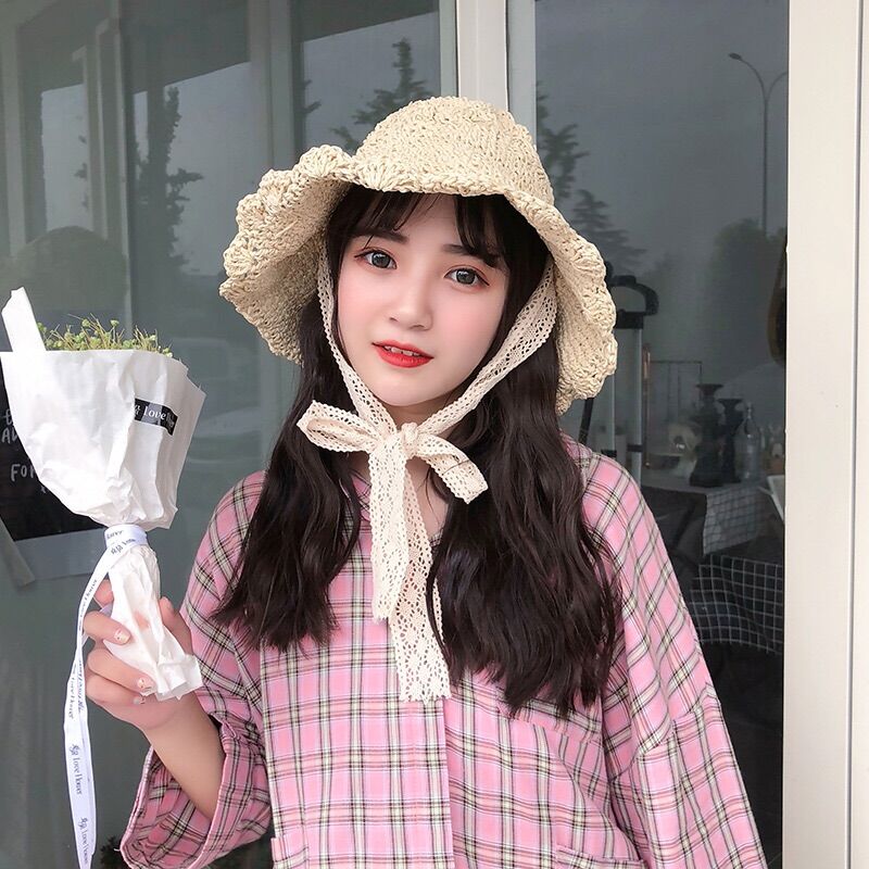Mũ nón cói đi biển có dây buộc ren tiểu thư MCL02