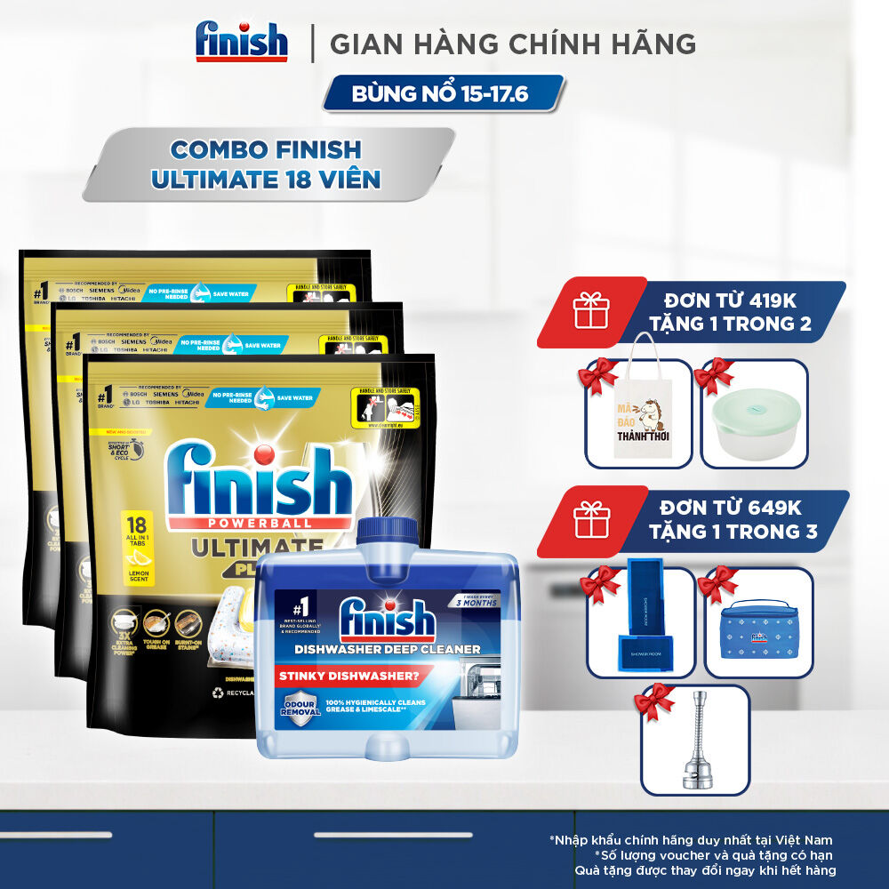 Combo 3 Túi Rửa Chén Bát Finish Powerball Ultimate Plus Intensive Lemon Sparkle 18 Viên + Dung Dịch Vệ Sinh Máy Finish 250ml