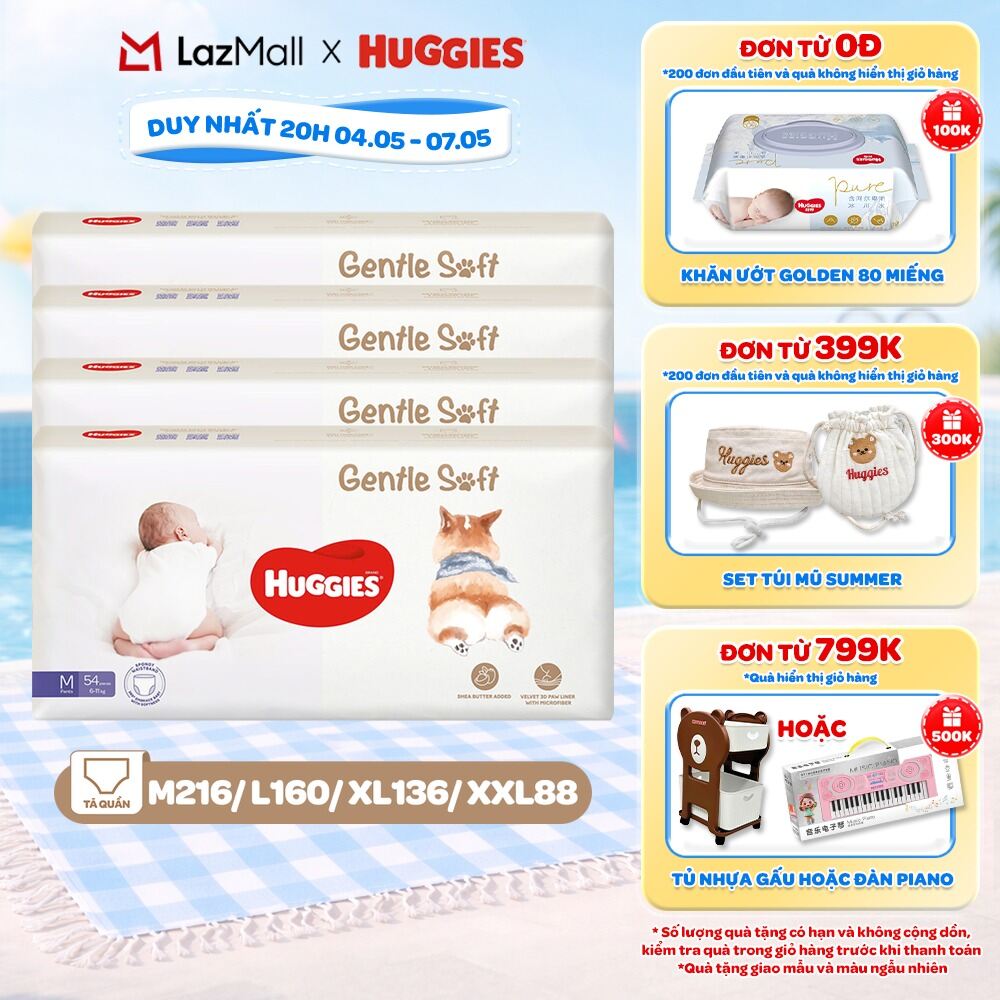 Combo 4 Tã quần Huggies Gentle Soft - Corgi M54/L40/XL34/XXL22 miếng êm mềm nâng niu làn da bé