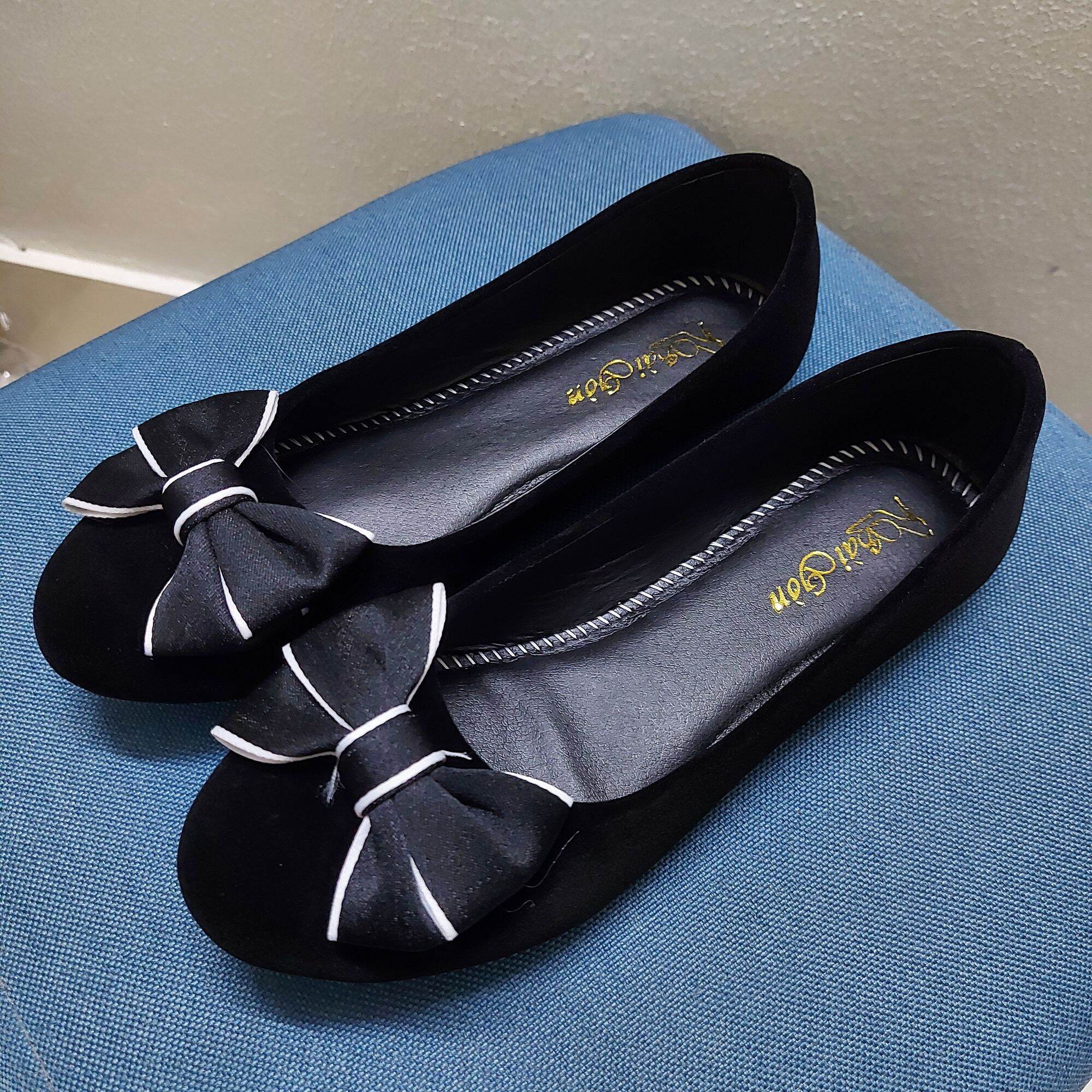 Giày búp bê - giày nhung mũi tròn bít gót nơ kẻ - khách nên đặt tăng 1 size.