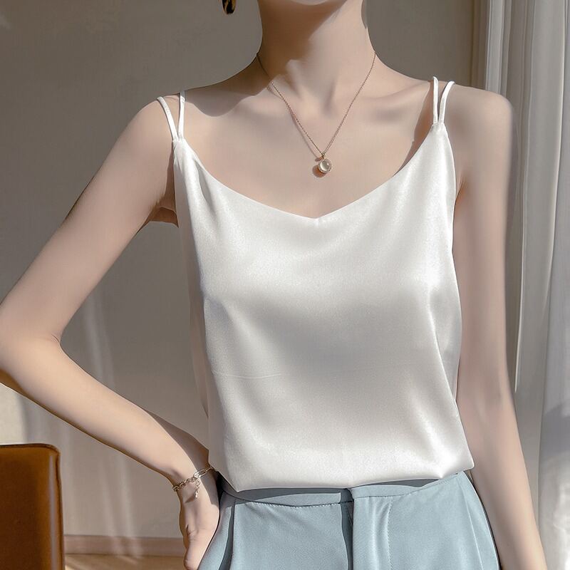 Áo Ba Lỗ Lụa Satin Cổ Chữ V Hở Lưng Cho Nữ Áo Sơ Mi Lót Lụa Tơ Tằm Mùa Hè Áo Vest Nhỏ Màu Trắng Áo B