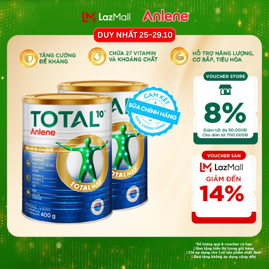 [Voucher giảm đến 26%]Combo 2 Sữa Bột Bổ Sung Dinh Dưỡng Anlene Total 10 Lon 400G