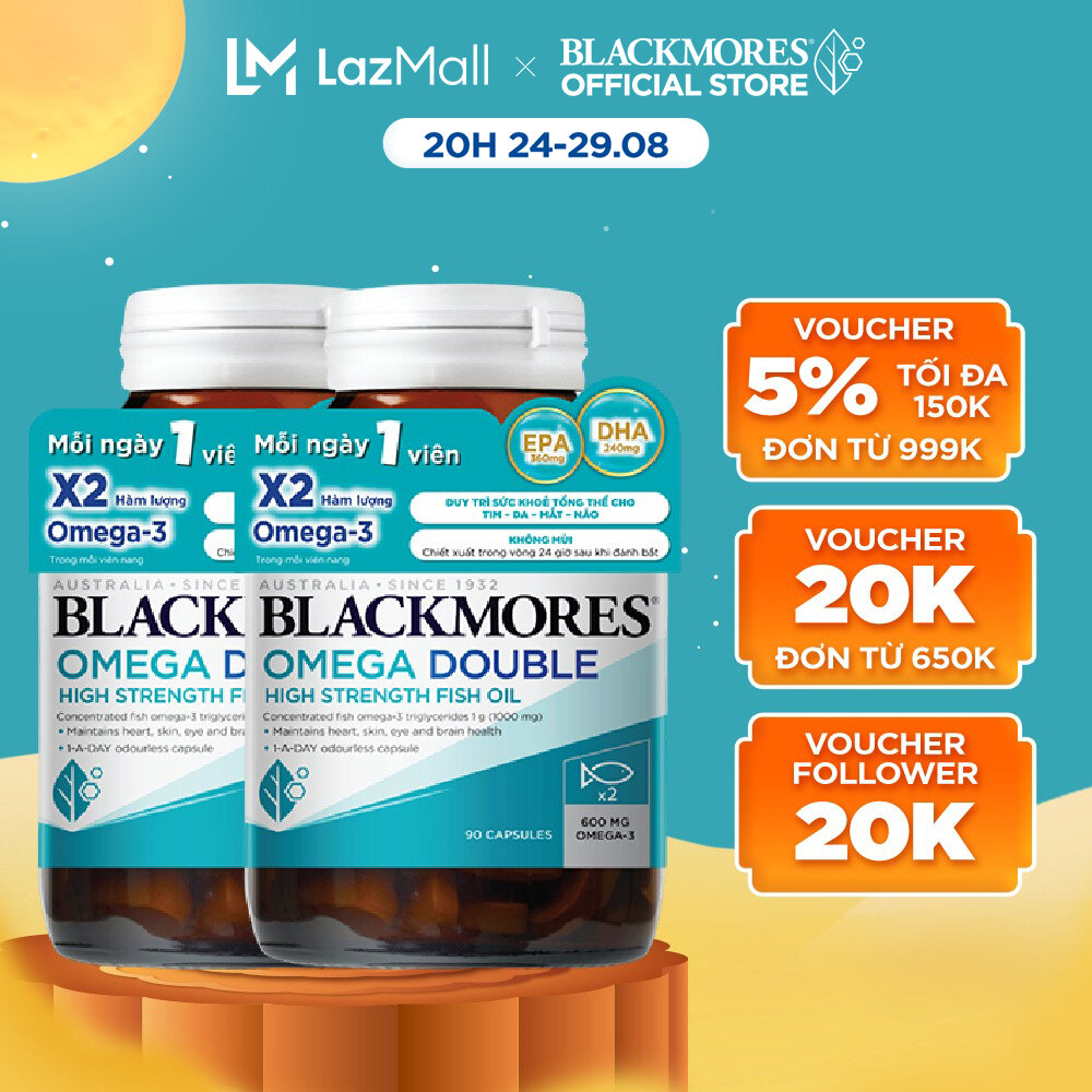 Combo 2 lọ viên uống dầu cá bổ sung omega hỗ trợ cho tim, mắt và da blackmores double omega high strength 90 viên/lọ