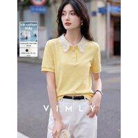 Vimly | Áo Thun Cổ Polo Tay Ngắn Màu Hải Quân Viền Ren