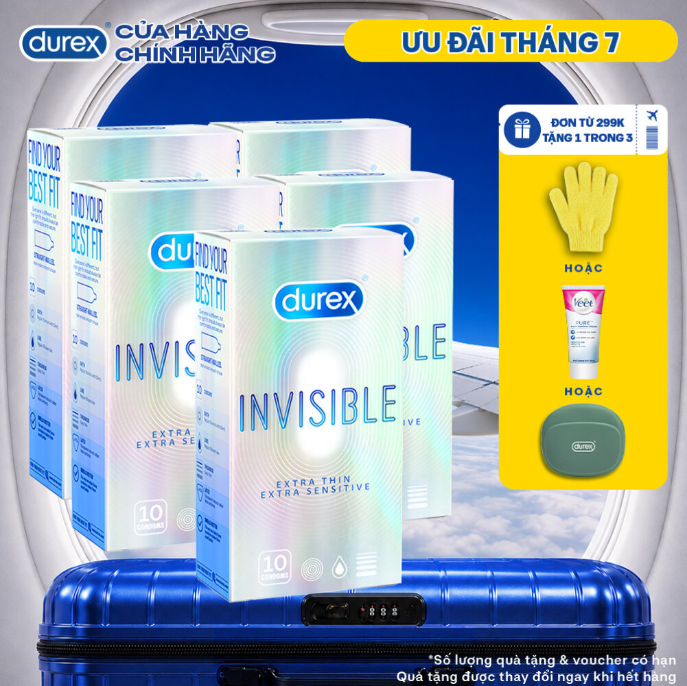 Bộ 5 hộp bao cao su Durex Invisible siêu mỏng, size 52mm, hộp 10 bao