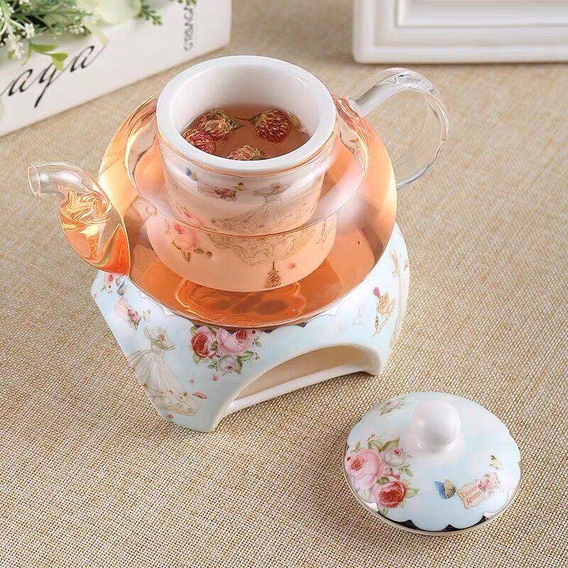 Bộ ấm chén đun nến pha trà màu xanh nhạt cao cấp