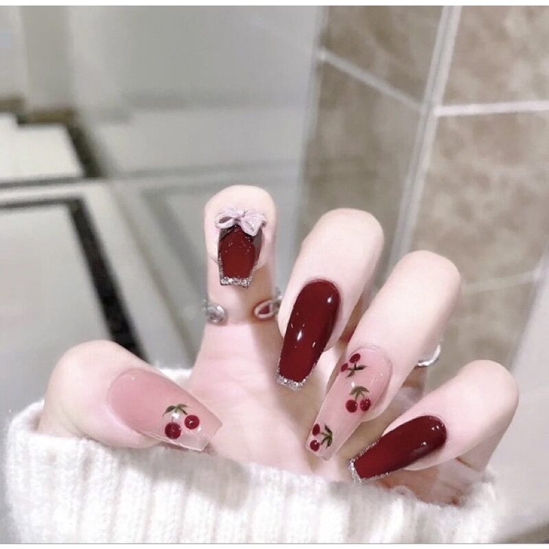 24 PCs set fashion cherry blossom long false nails