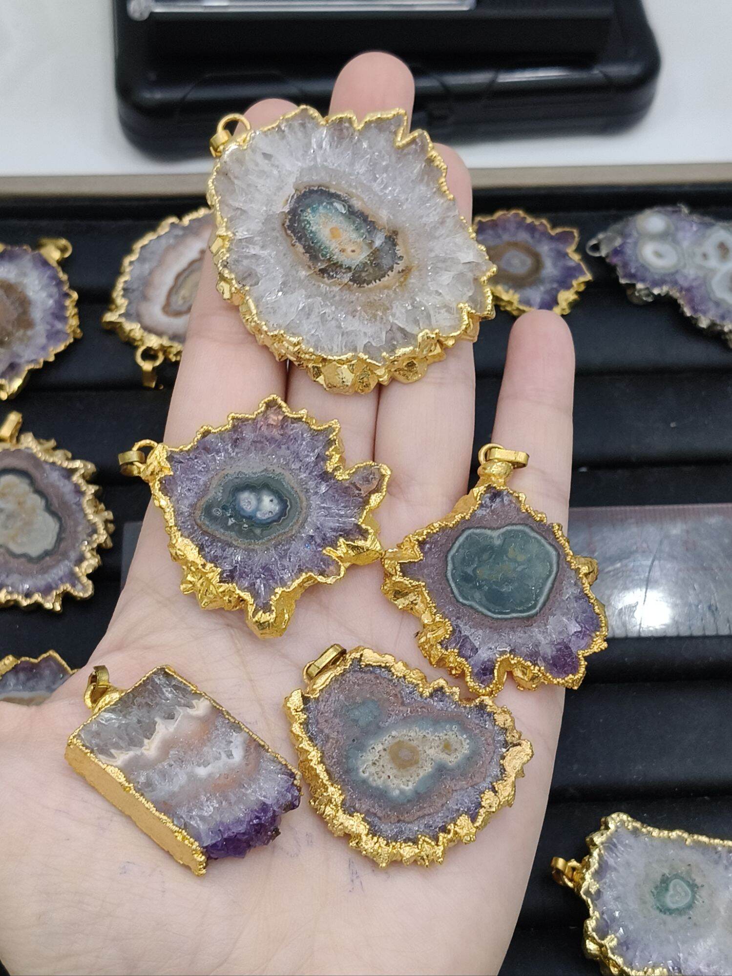 00000- MẶT HOA TINH THỂ THẠCH ANH TÍM AMETHYST CỘNG SINH MÃ NÃO THIÊN NHIÊN KHÔNG XỬ LÝ ĐÃ BỌC KIM LOẠI