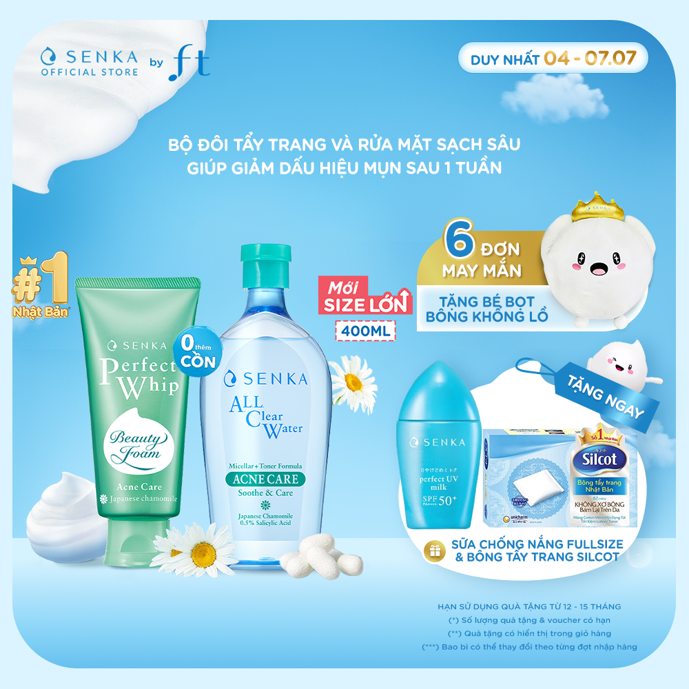 Bộ đôi Nước tẩy trang micellar dành cho da mụn SENKA A.L.L. CLEAR WATER MICELLAR + TONER FORMULA ACNE CARE 400ML  Sữa rửa mặt sạ̣ch mụn kháng khuẩn SENKA PERFECT WHIP ACNE CARE 100G