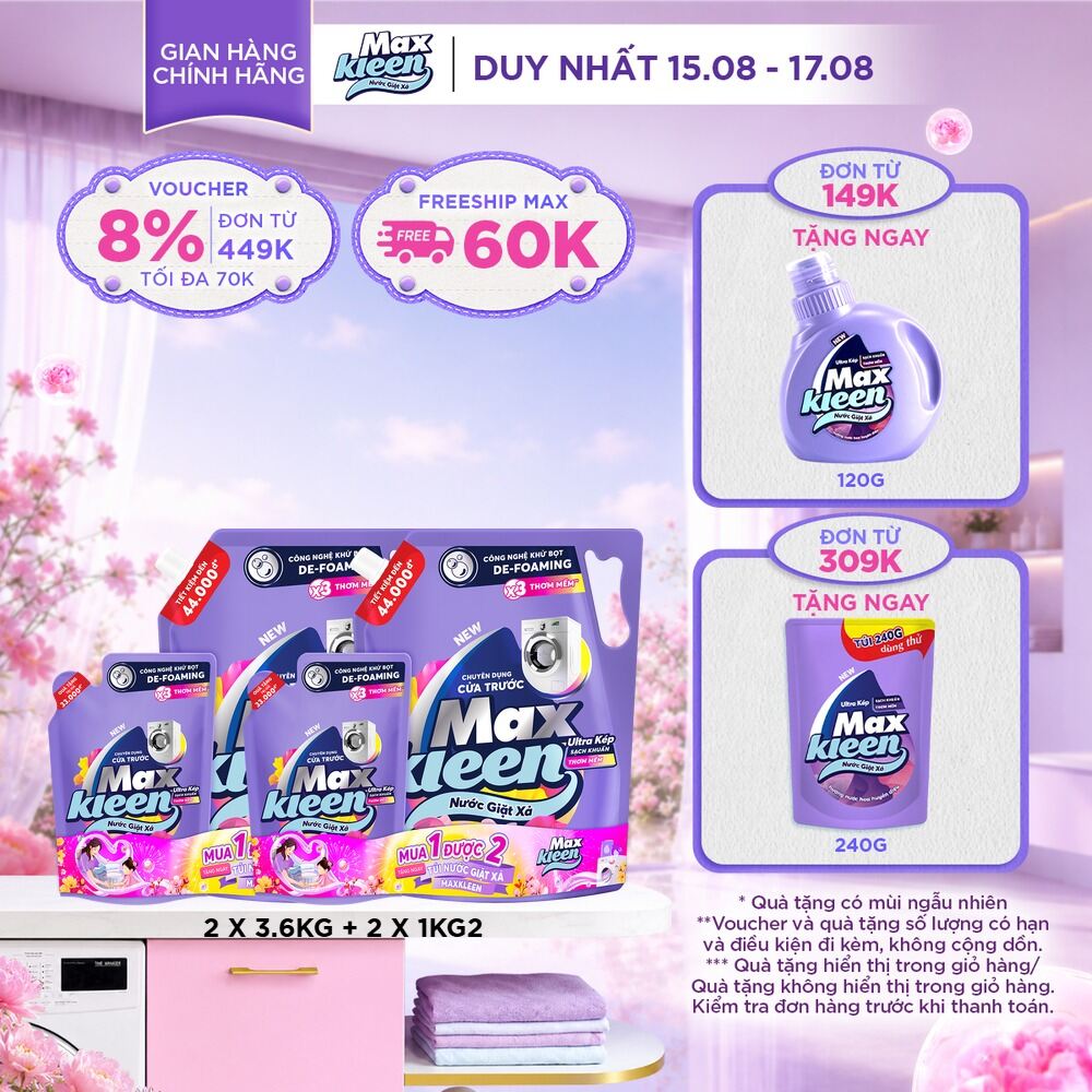 [Tặng kèm 2 túi nước giặt xả 1kg2 ngẫu nhiên] Combo 2 túi Nước giặt xả cho máy giặt MaxKleen hương Hoa nắng/ Huyền Diệu/ Dấu ấn ngọt ngào 3.8/3.6kg
