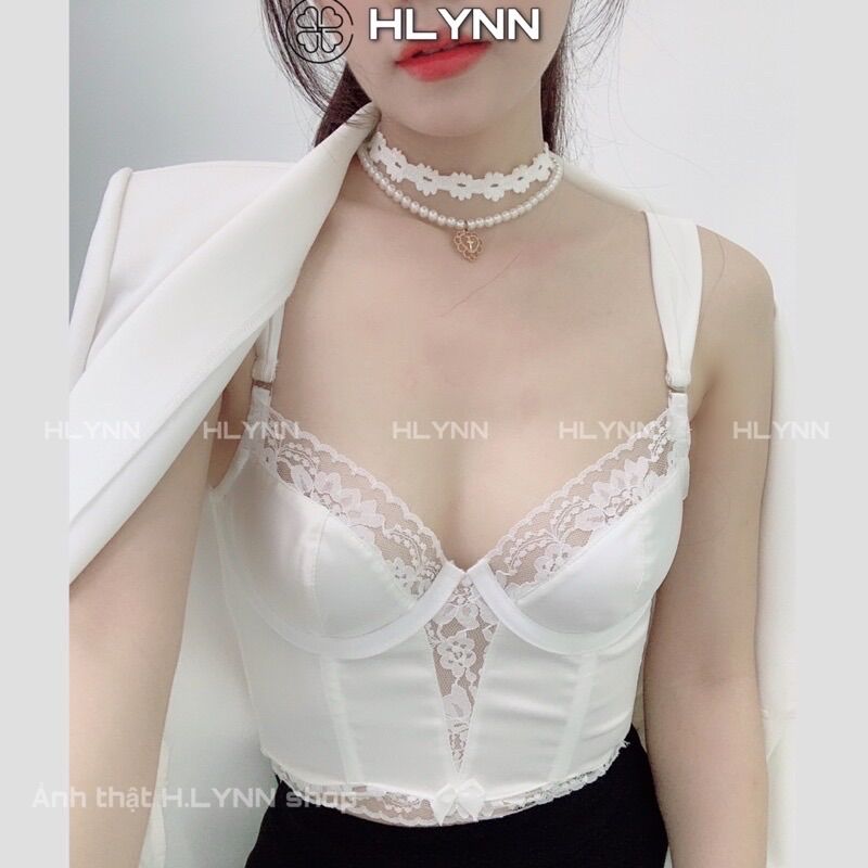 M155Áo corset hai dây lụa bóng phối ren có gọng mút