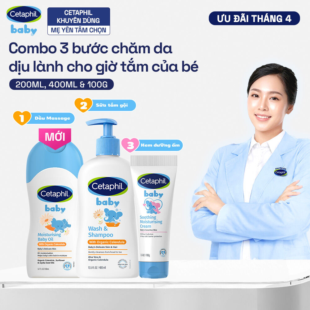 Combo Sữa tắm gội CETAPHIL BABY CALENDULA 400ML  Dầu massage dưỡng ẩm Baby Oil 200ml  Kem dưỡng ẩm Moisturising tuýp 100g
