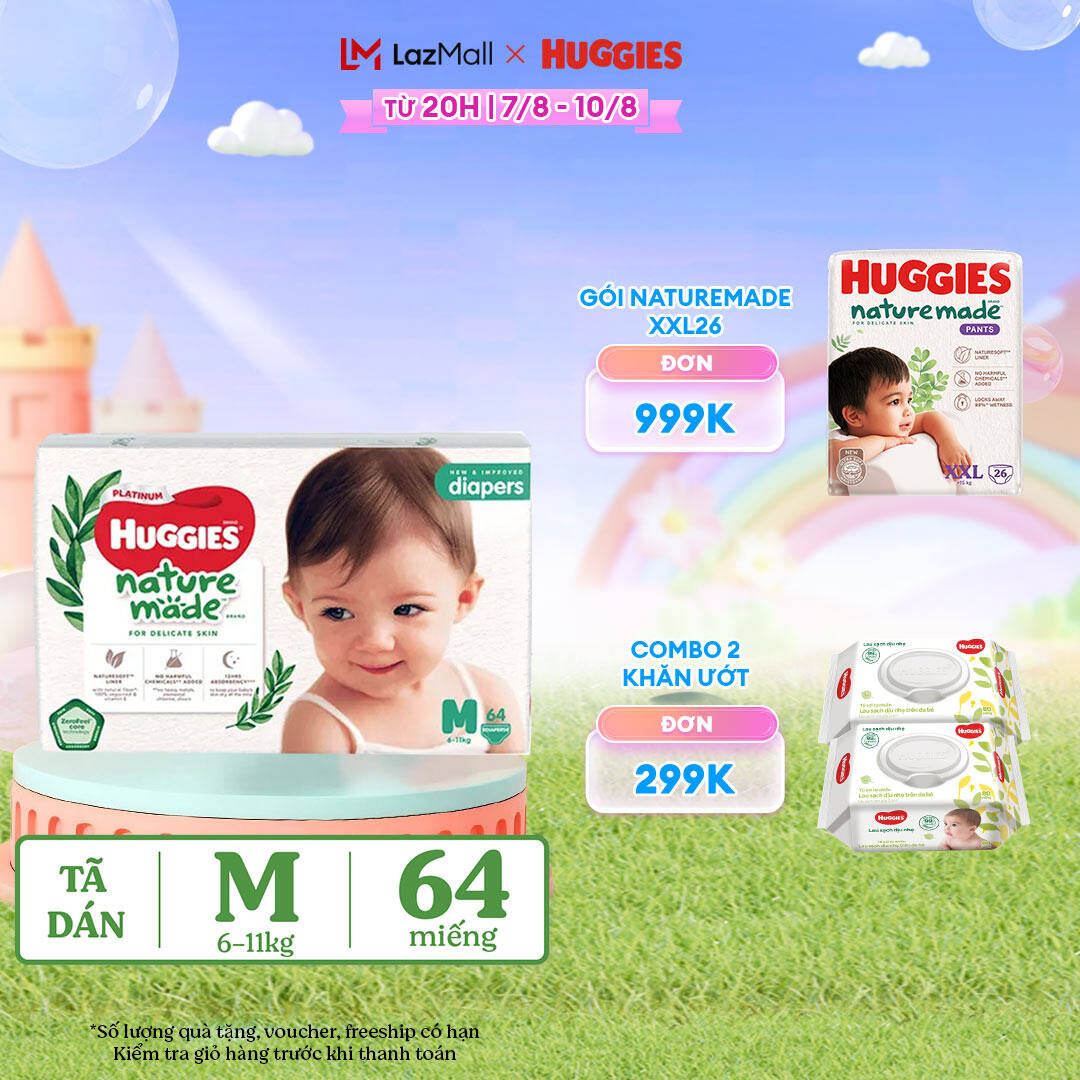 [Chỉ 01-06/06 QUÀ TẶNG ĐƠN 399K](Mua 1 tặng 1)  Tã/Bỉm dán HUGGIES PLATINUM NatureMade M64 (6-11kg)-Gói Jumbo 64 miếng