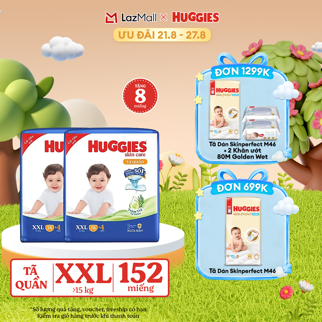 [17-24.08 GIẢM THÊM 90K]  Combo 2 Gói Tã/bỉm quần HUGGIES SKINCARE MEGA JUMBO size XXL76+4 miếng